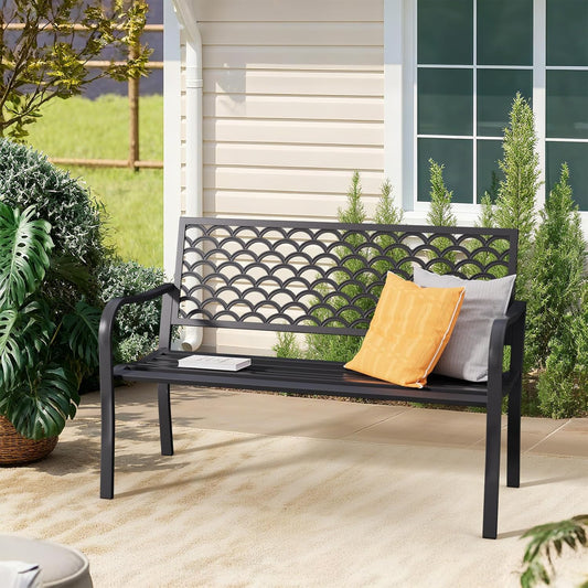 50'' Outdoor Garden Bench, Weatherproof Wrought Iron Metal Patio Bench with Mesh Pattern Backrest, for Front Porch, Park, Yard, Gardens