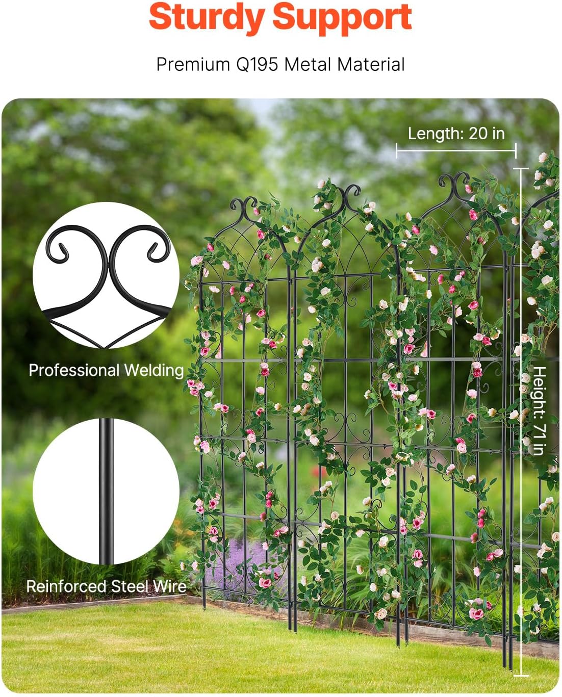 VEVOR 71 x 20 in, 4 Packs Rustproof Metal Garden Flower Trellis, Outdoor Climbing Rose & Cucumber Support, Decorative Clematis Trellis for Courtyards & Lawns