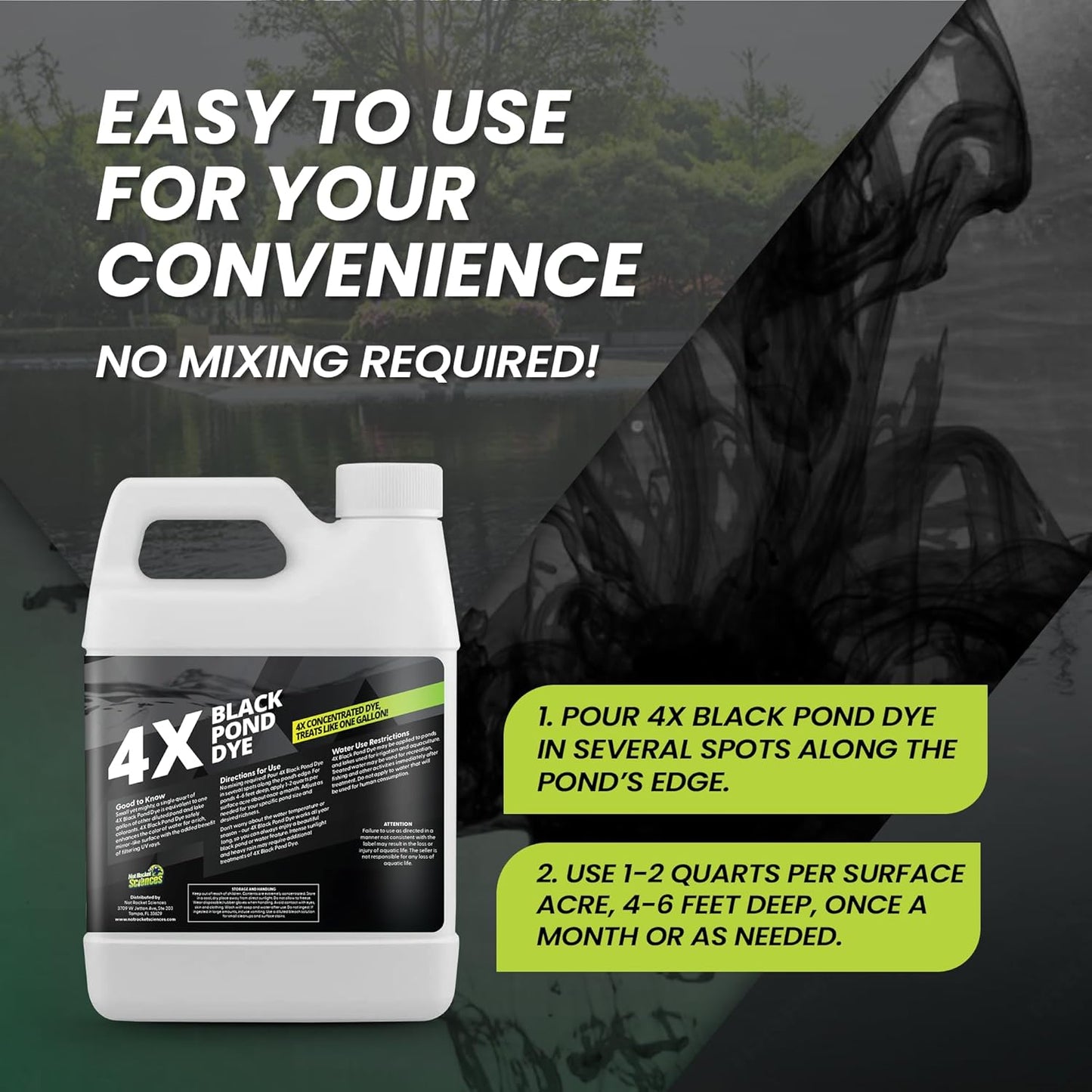 32oz Reflective Black Pond Dye, 4X Concentrate Pond Dye Black, Natural Looking and Long Lasting Liquid Lake Colorant, Protects Against Sunlight - Ideal for Fish, Birds, and Wildlife