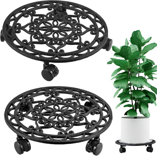 2 Packs Rolling Plant Stand with Wheels Metal Plant Caddy with Wheels Heavy Duty 13'' Round Plant Stand Indoor Iron Plants Rollers for Plants, Plant Dolly with Plant Saucers