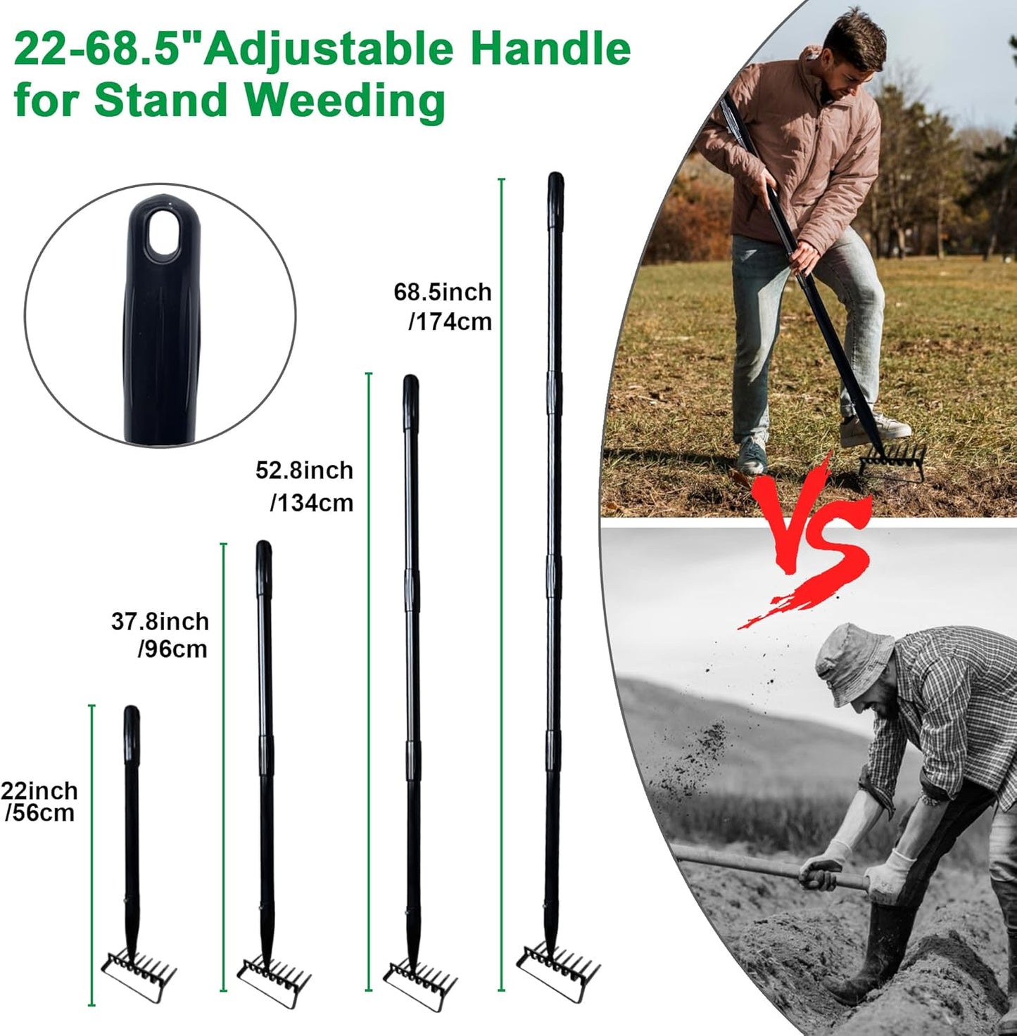 8-Tines Rake and Stirrup Hoe, Metal Garden Hula Hoes Tiller Rake Tool with Adjustable Long Handle, Action Scuffle Loop Hoe for Weeding, Digging, Loosening Soil