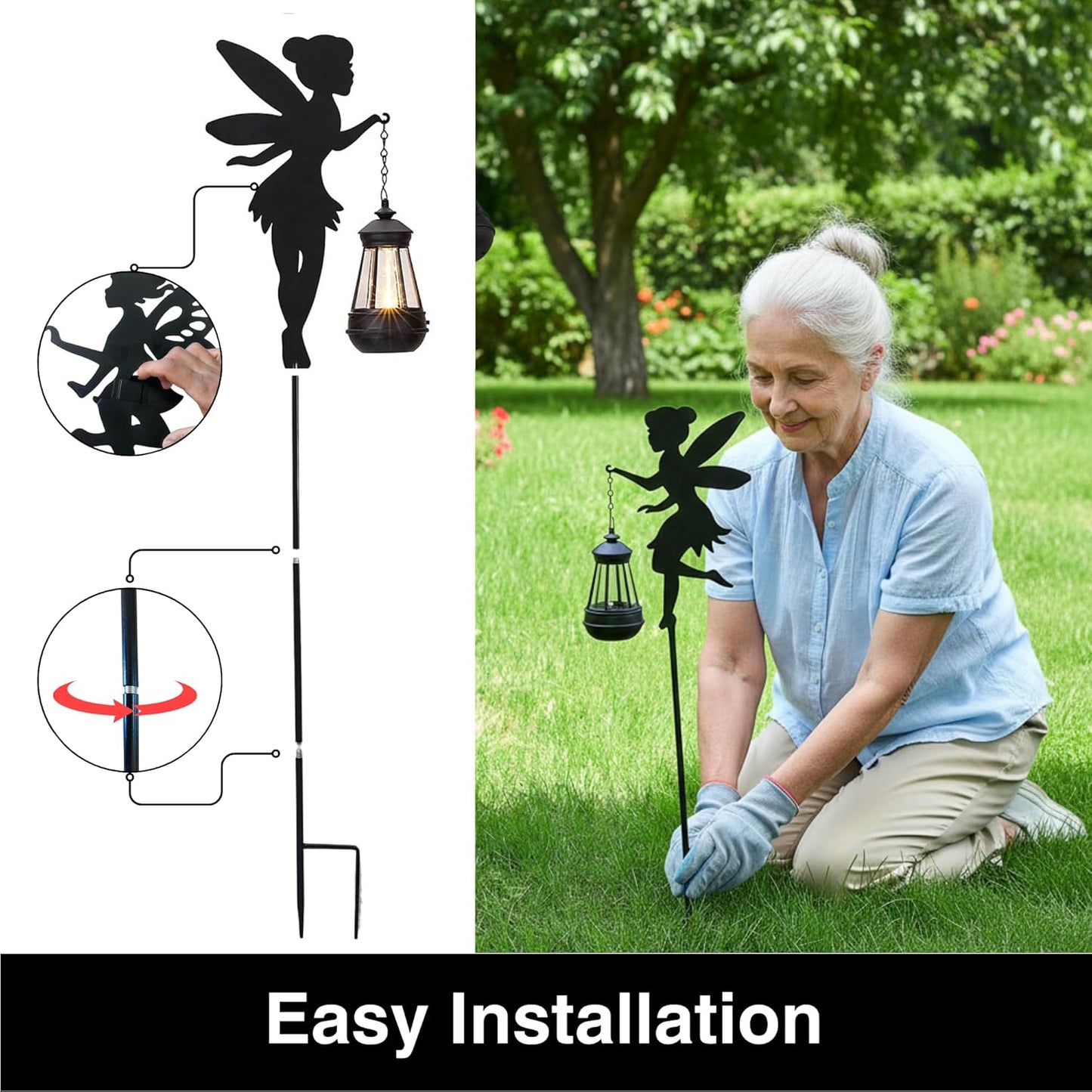 XYRIS Fairy Garden Accessories Lawn Ornaments 1 Pair - Solar Fairy Lights Outdoor Decorations, Metal Garden Stakes Decorative Figurines for Yard Decor, Patio (Type B Warm Lighting)