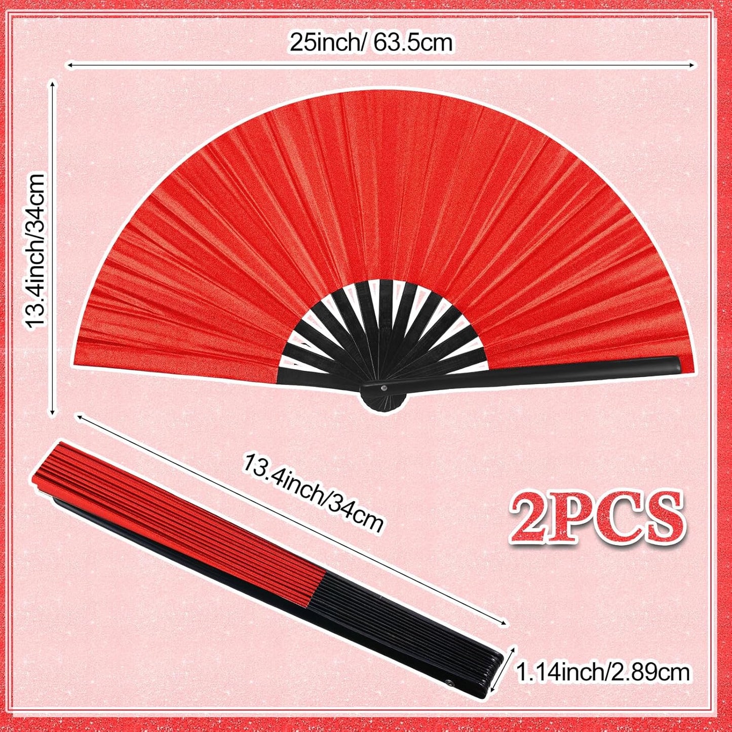 Maitys 2 Packs Large Clap Fans for Line Dancing Large Chinese Folding Hand Fans for Men and Women, Festival, Tai Ji, Kungfu, Martial Art, Gifts (Laser Red)