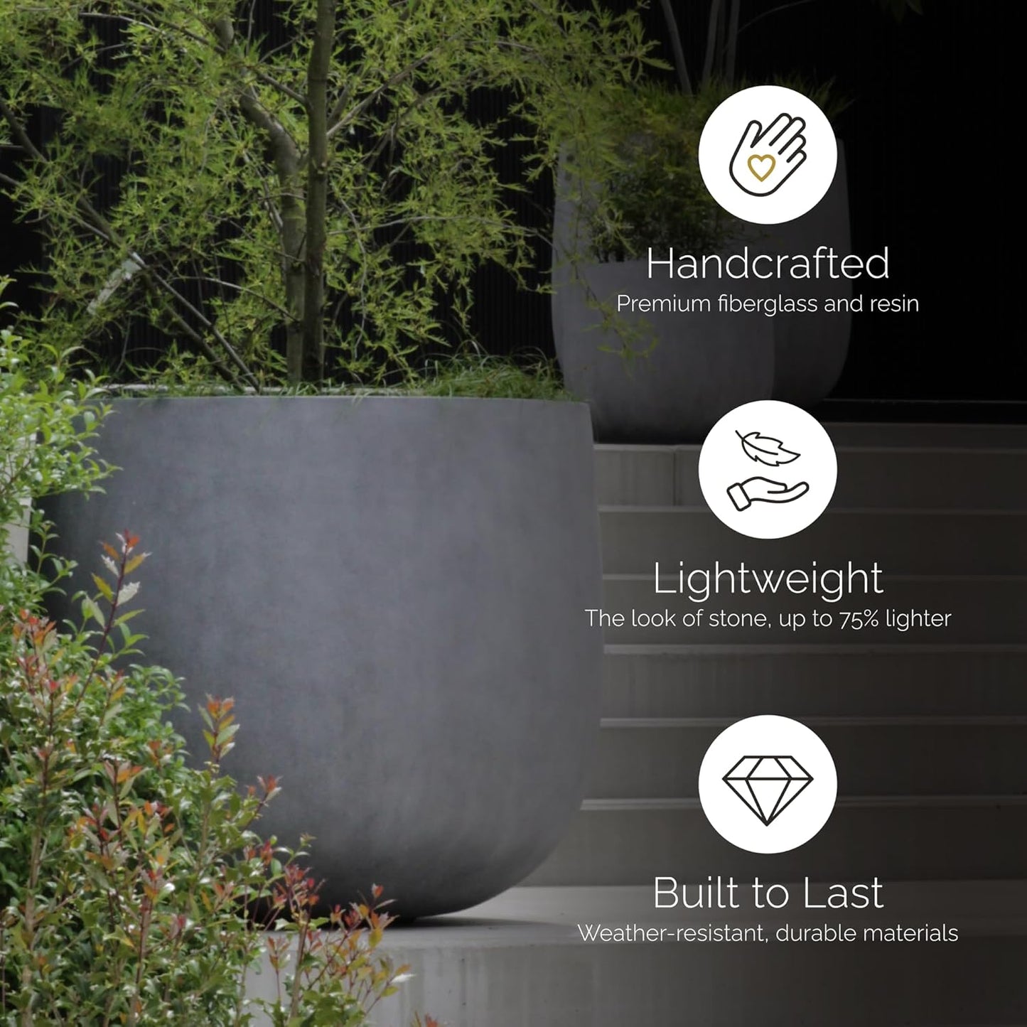 Mondo Large Planter – Grey Stone Finish – Fiberglass Indoor/Outdoor and Weather-Resistant Round Planter (26" D x 24.6" H Exterior, 24.6" D x 24" H Interior)