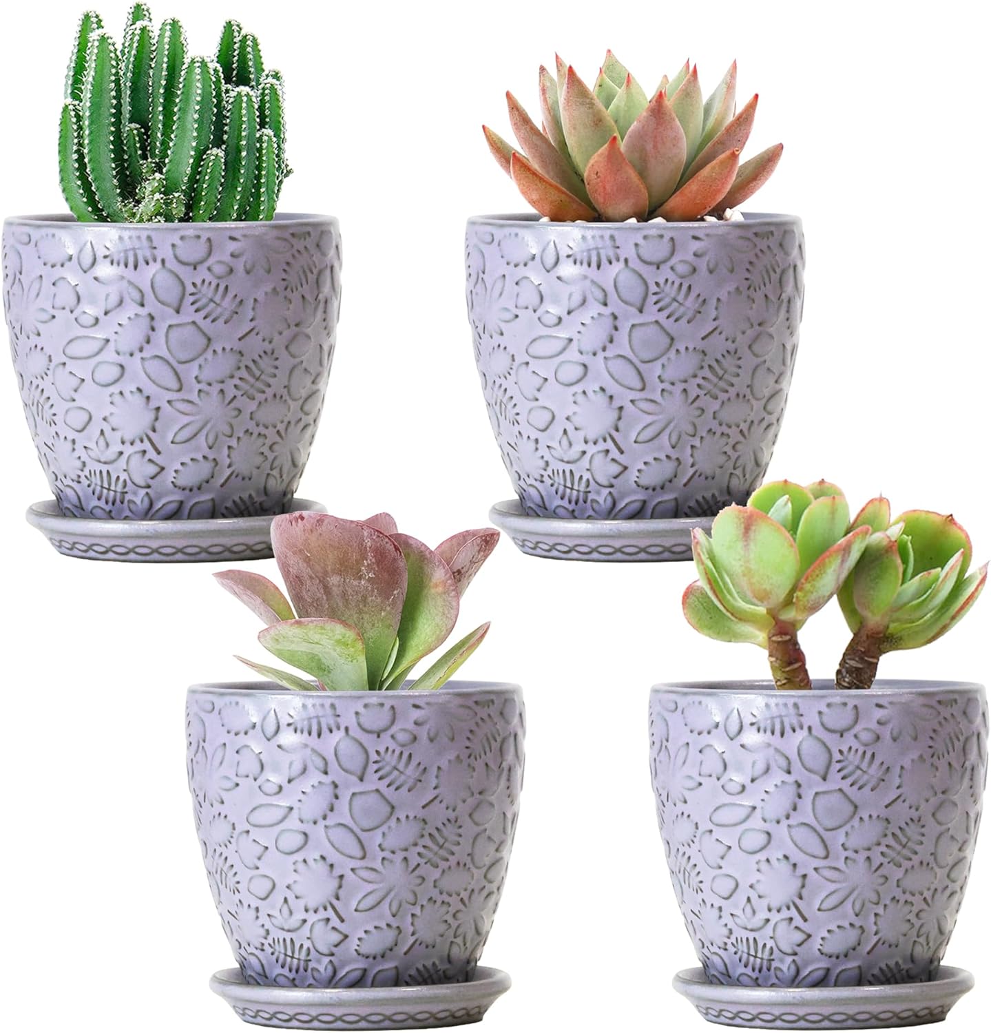 4 Inch Retro Ceramic Planter Set of 4 with Drainage Hole and Saucer for Plants, Indoor-Outdoor Small Garden Pots for Succulent, Herb and Flower (Fits Inner Pots Up to 3 Inch, Retro Purple)