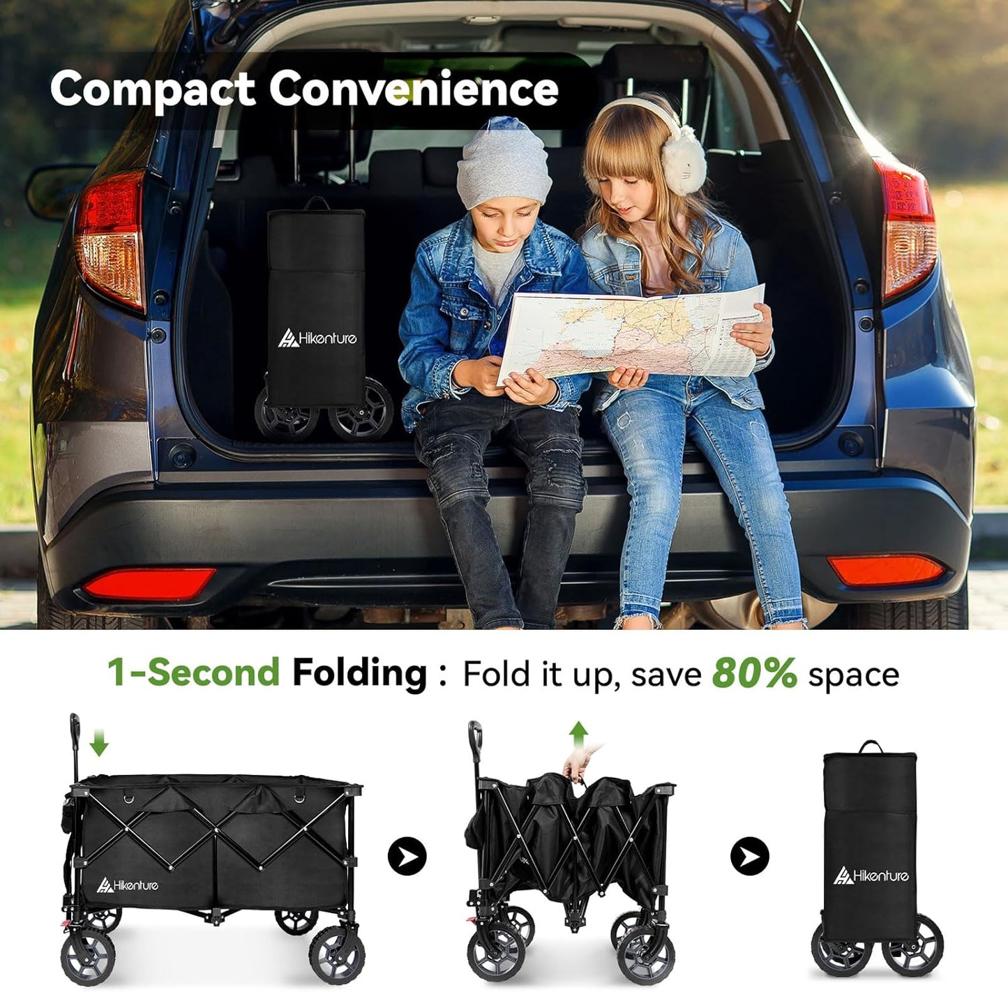 Hikenture 330lbs Collapsible Wagon Cart, Ultra-Large Wagons Carts Foldable Heavy Duty, Utility All Terrain Folding Wagon with Wheels for Groceries, Garden, Sports, Beach, Shopping, Black