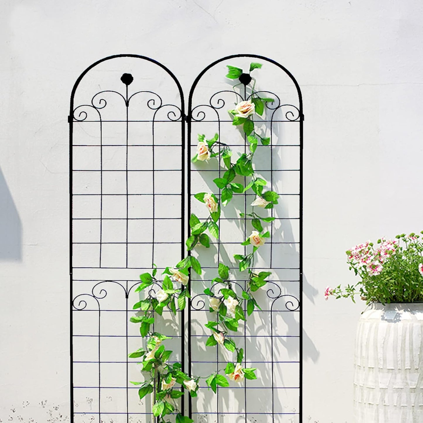 8 Pack Metal Garden Trellis for Climbing Plants, 86.7" Tall Rustproof Outdoor Trellis Panel w/Curly Grass Design, Decorative Black Iron Plant Support for Vine, Rose, Flower, Garden Wall