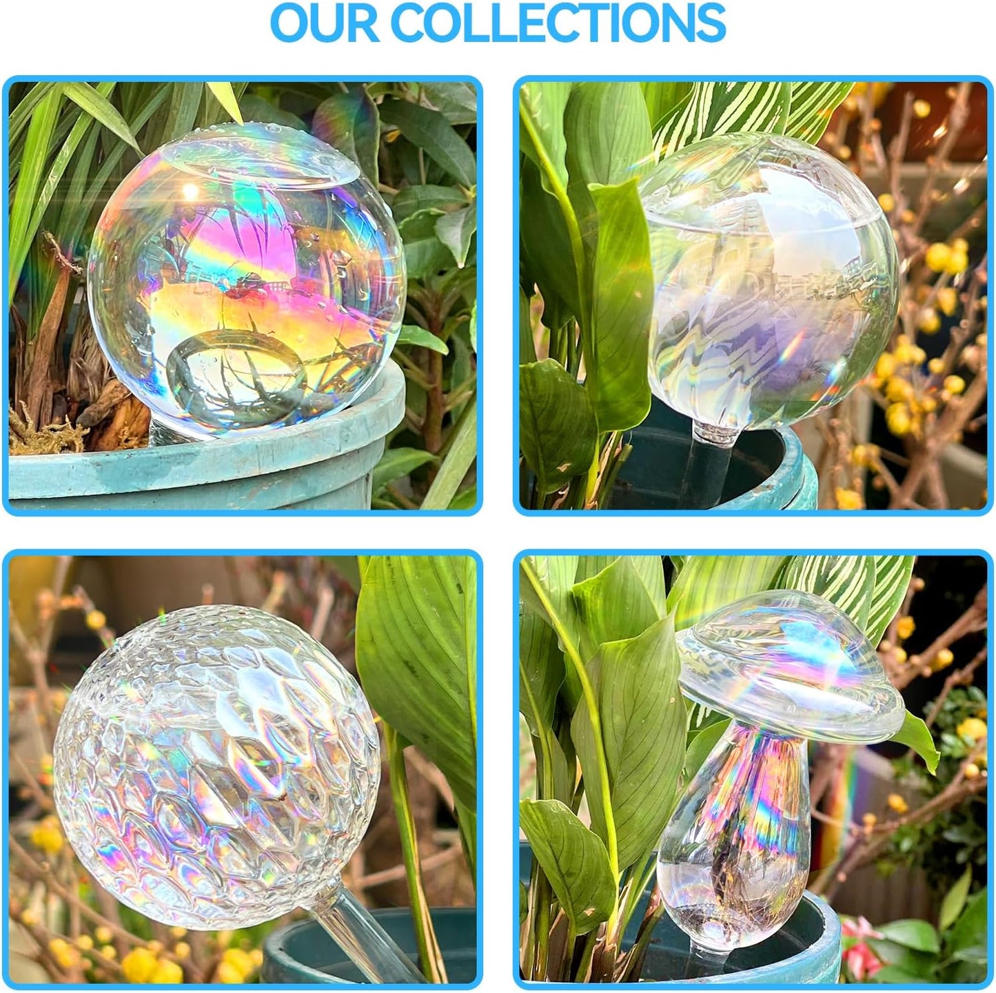 FLORA GUARD Plant Watering Globes, 4-PCS Iridescent Rainbow Glass Water Bulbs, Self Watering Planter Insert, Automatic Plant Waterer Bulbs Devices
