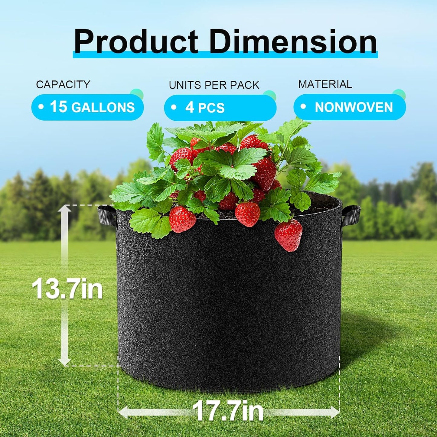 Land Guard 4-Pack Fabric Grow Bags 15 Gallon, Thickened Nonwoven Garden Pots, Growing Bags with Handles, Black
