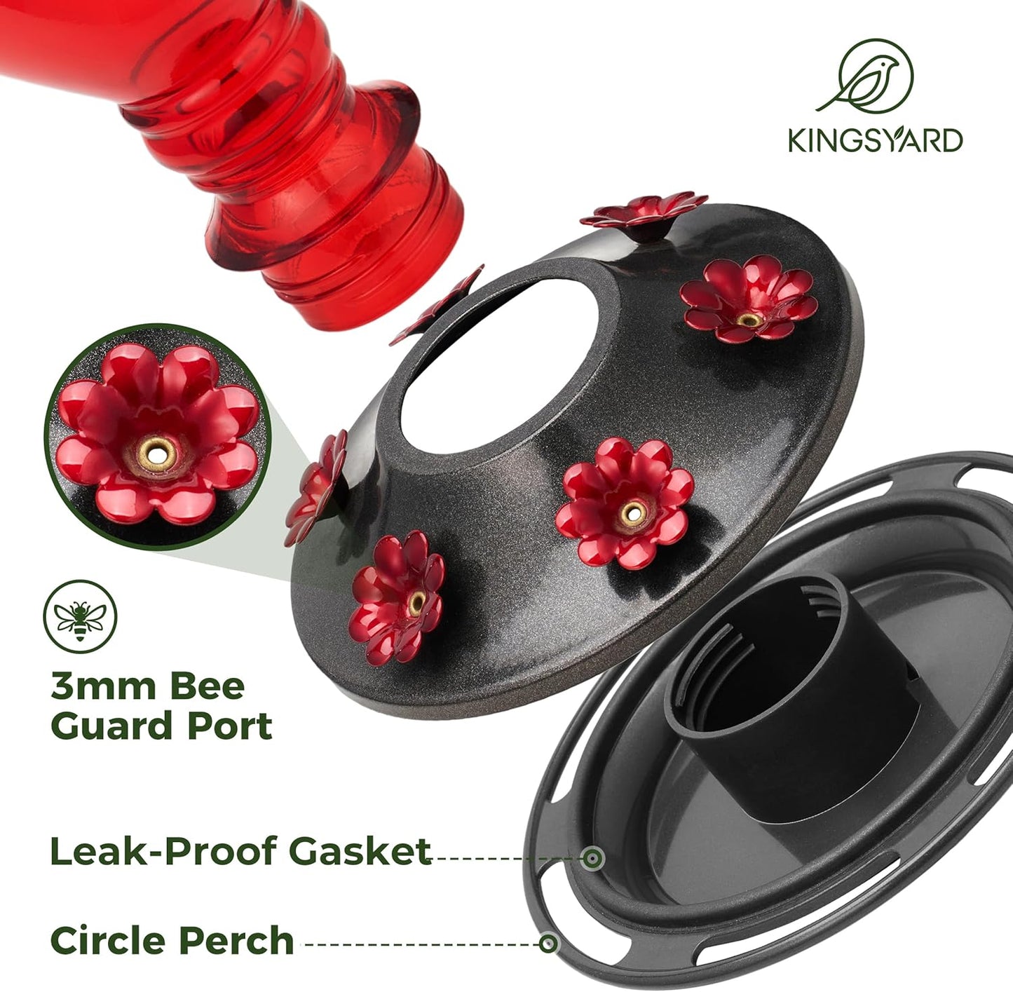 Kingsyard Glass Hummingbird Feeder - 6 Bee Guard Feeding Ports & Ant Moat, 24 oz Leak Proof, Wild Bird Feeder for Outdoors Hanging, Easy to Clean & Refill, Garden Yard Décor, Red