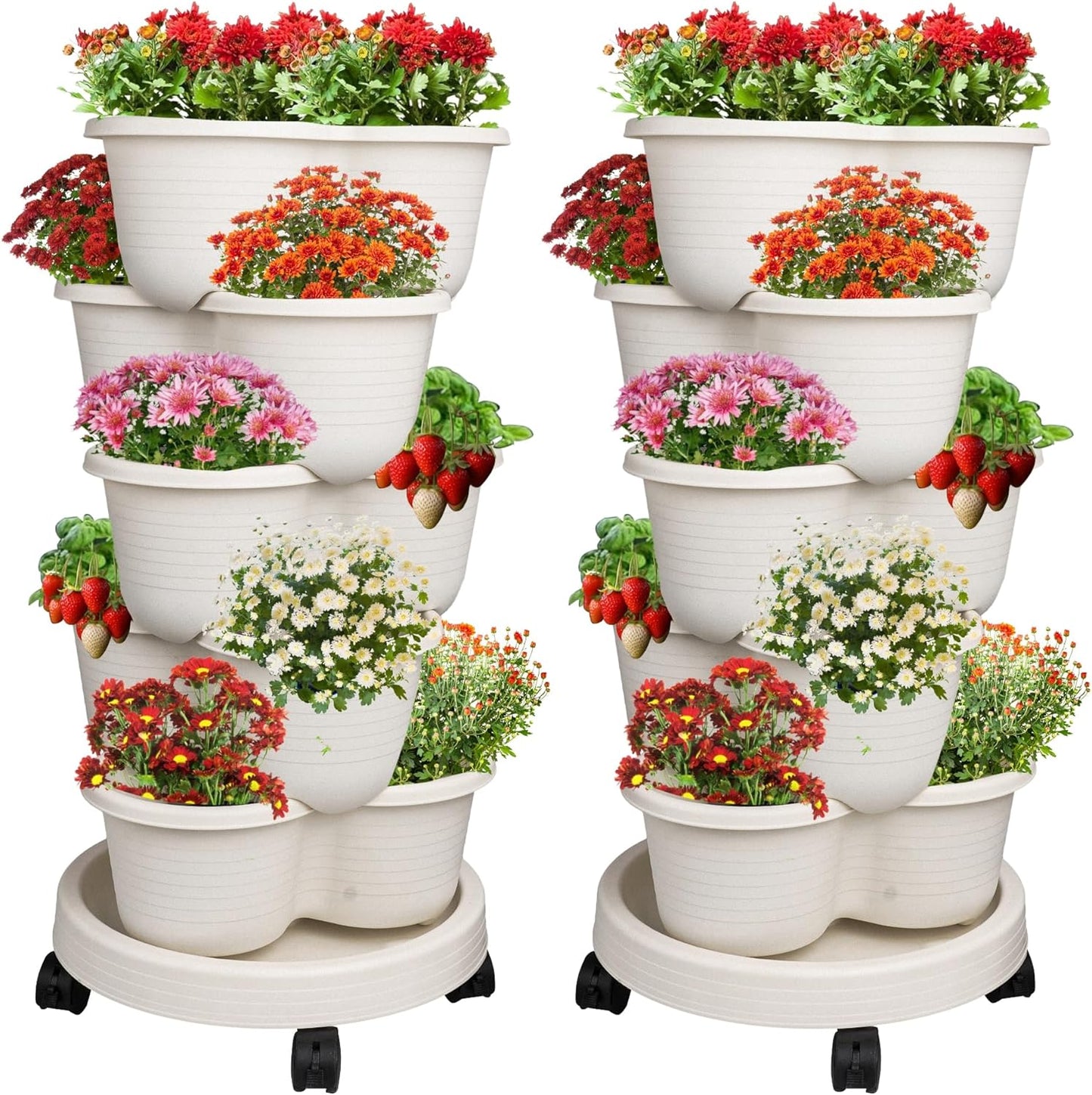 Hourleey Strawberry Planter, Stackable Gaden Tower for Flowers, Vegetables, Grow Your Own Herb Garden Vertical Oasis of Vegetables and Succulents (2 Pack 5 Tier)