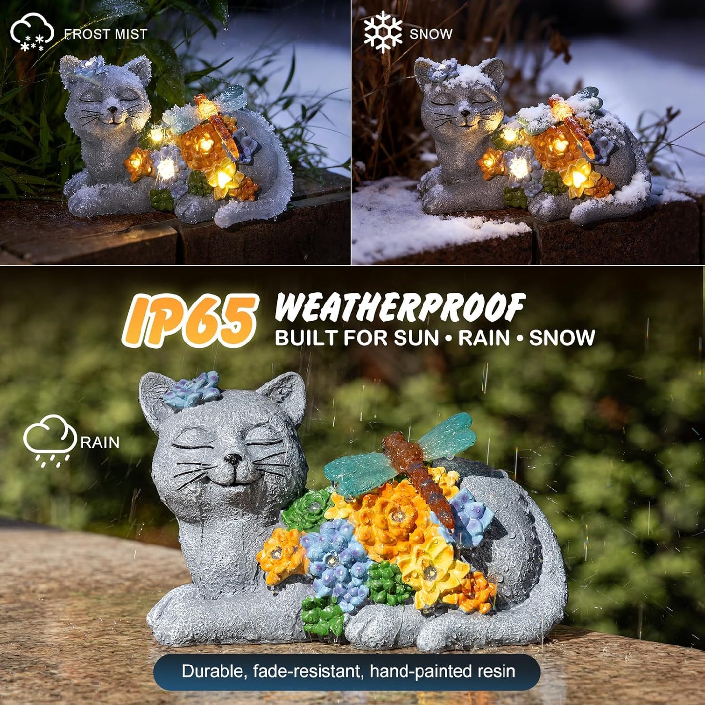 Solar Cat Garden Statue - Lying Outdoor Figurine with Dragonfly & Flower LEDs, Upgraded 2.0 Solar, Auto On/Off, IP65 Waterproof Hand-Painted Resin, Garden Decor, Gift for Cat Lovers, Mom, Grandma