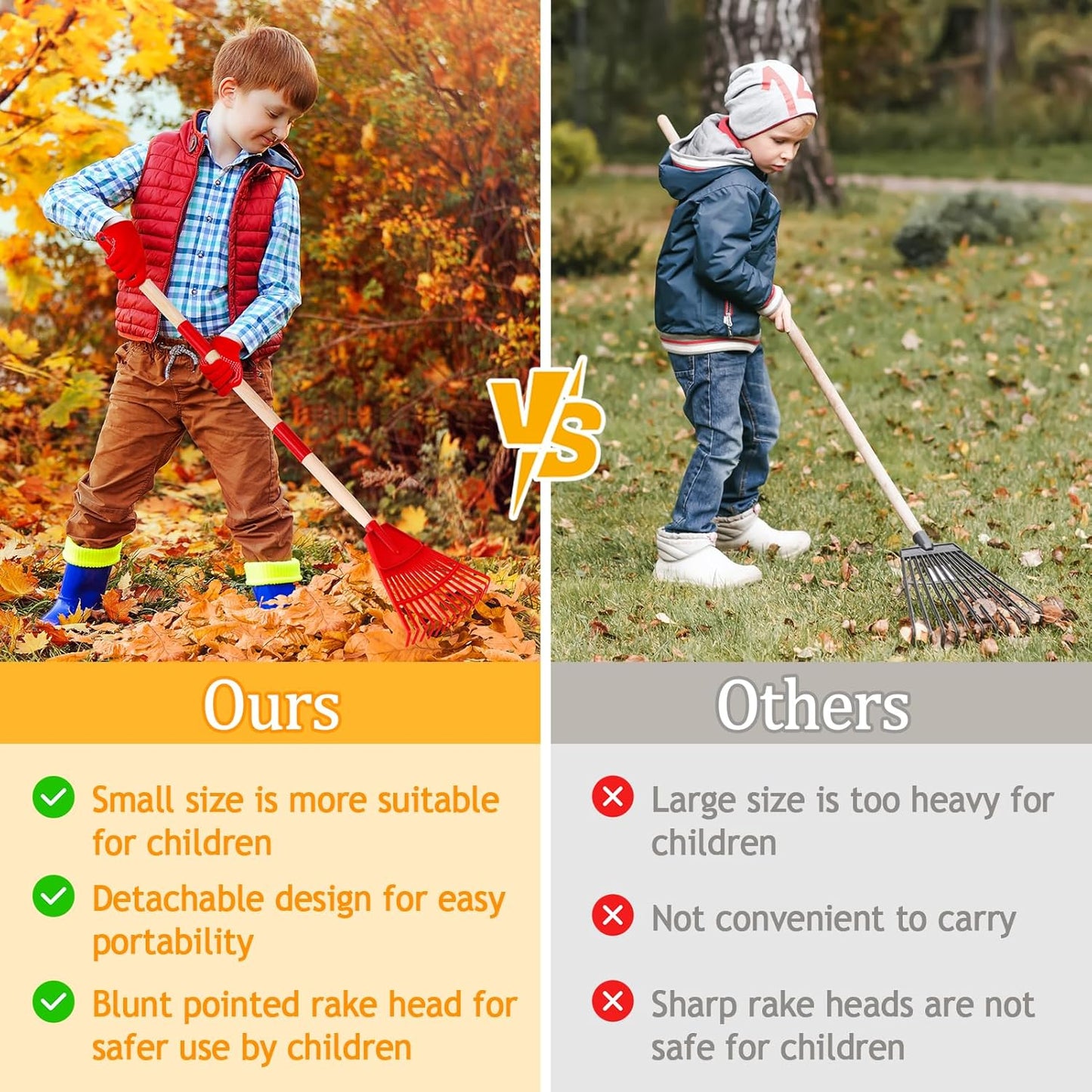 2 Pcs 35'' Kids Rakes for Leaves - Plastic Rake Head with 2 Pairs Kids Gloves, Small Kids Lawn Rakes Detachable Wooden Handle, Autumn Garden Tool Set for Kids Boys and Girls, Red & Blue, 3yr+