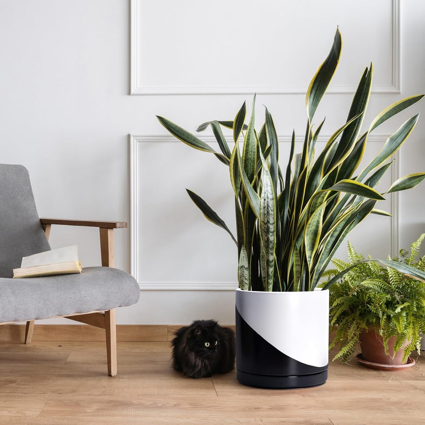 D'vine Dev 12 Inch Ceramic Planter Pot with Drainage Hole and Saucer, Indoor Cylinder Round Planter Pot, Oblique Monochrome Black and White, 94-O-F-K