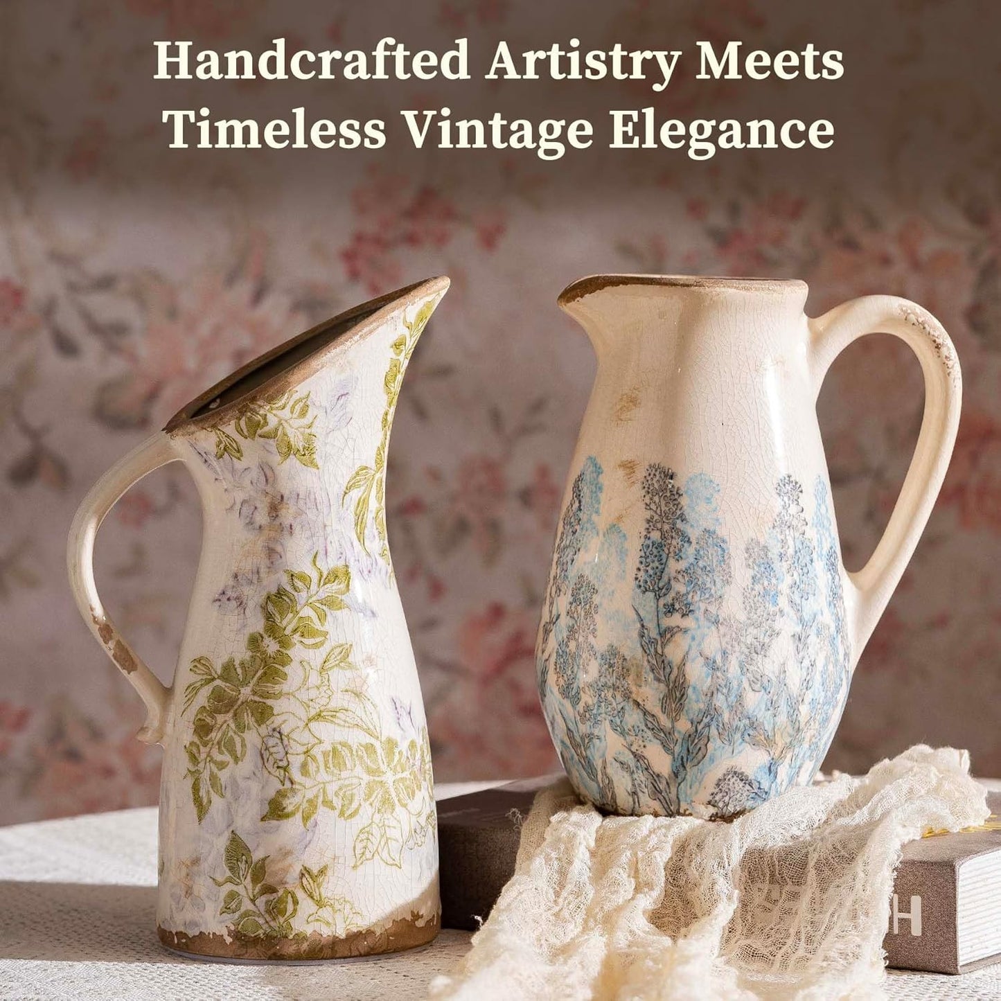 Vintage Blue and Beige Floral Ceramic Vase with Handle, Retro Ice Glazed Crack Farmhouse Pitcher Vase for Home Decor, Living Room, Shelf, Office, French Country Decorative Flower Vase 8.7 Inch