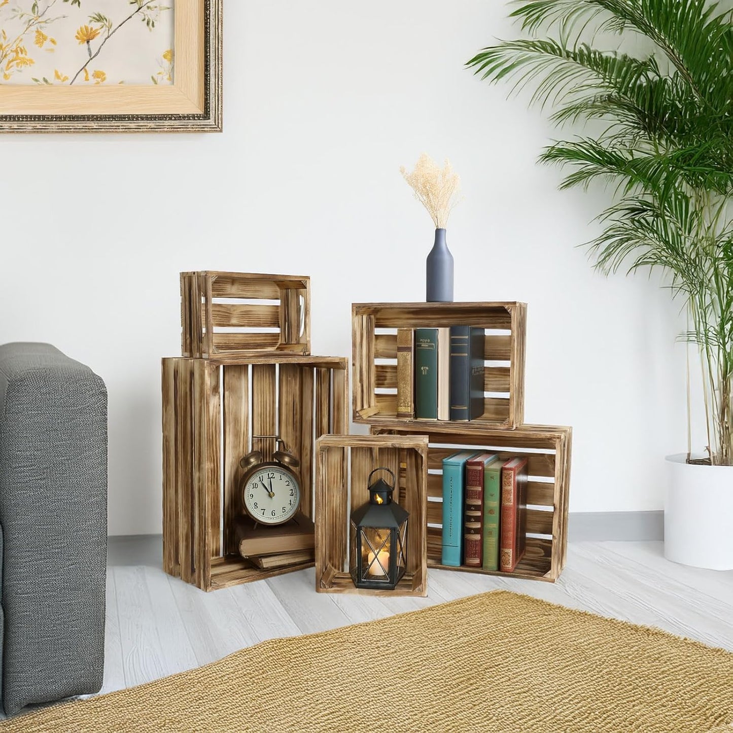 5-Piece Farmhouse Wooden Crate Set - Rustic Wooden Crates for Display and Storage, Large Torched Decorative Crates, Farmhouse Apple Crates, Painted Wood Crates for Decor