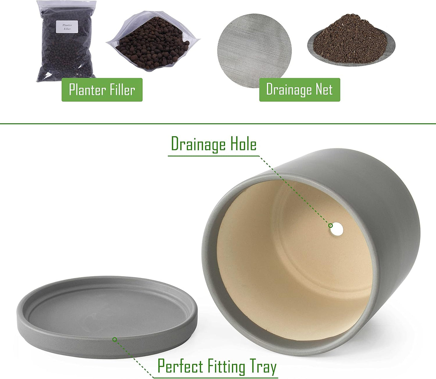 D'vine Dev 10 Inch Ceramic Planter Pot with Drainage Hole and Saucer, Indoor Cylinder Round Planter Pot, Grey, 94-O-E-3