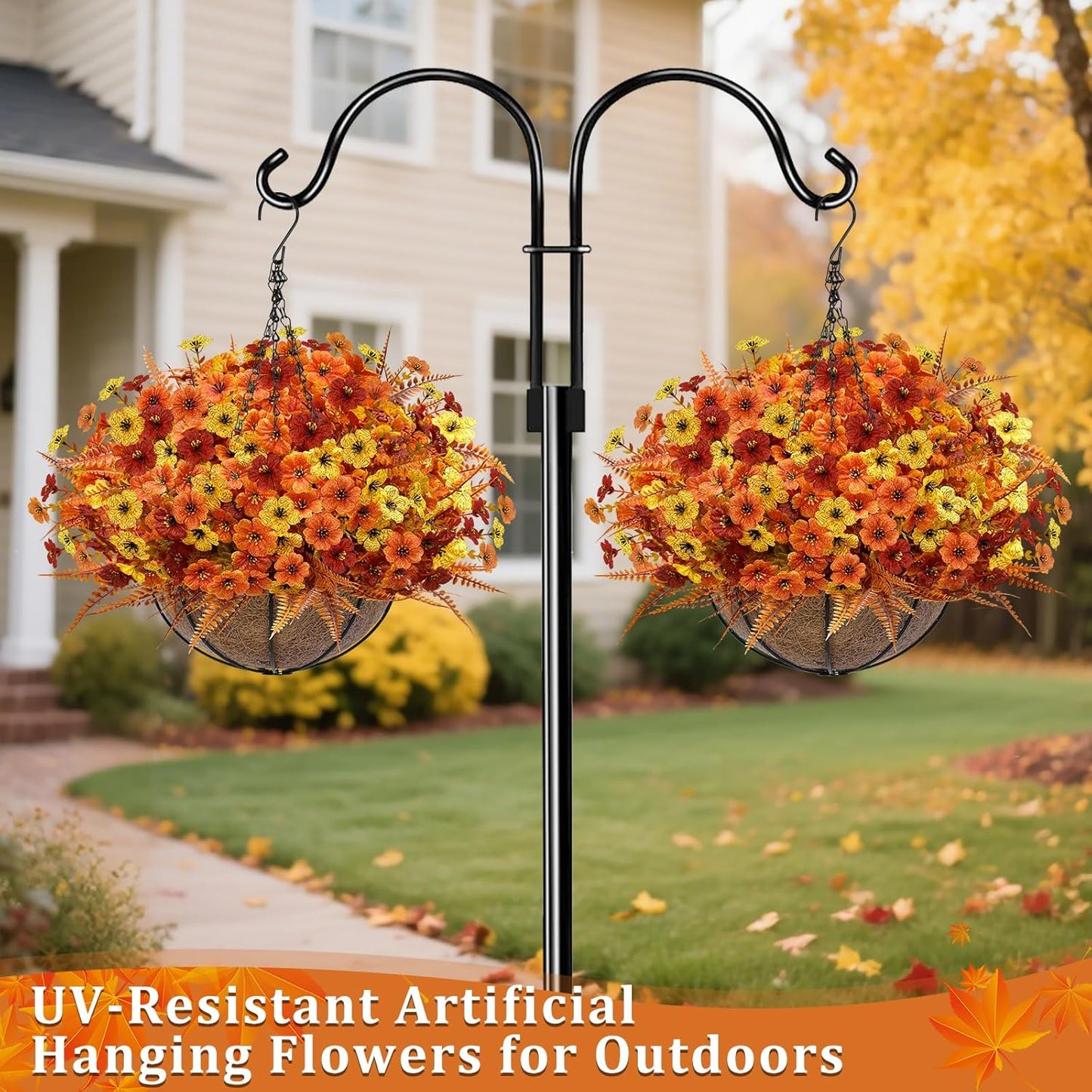 Artificial Fake Hanging Baskets Fall Flowers for Outdoors Decoration, 189 Silk Mums & 54 Boston Ferns UV Resistant Look Real Faux Plants for Outside Yard Patio Porch Garden Balcony Home Autumn Decor