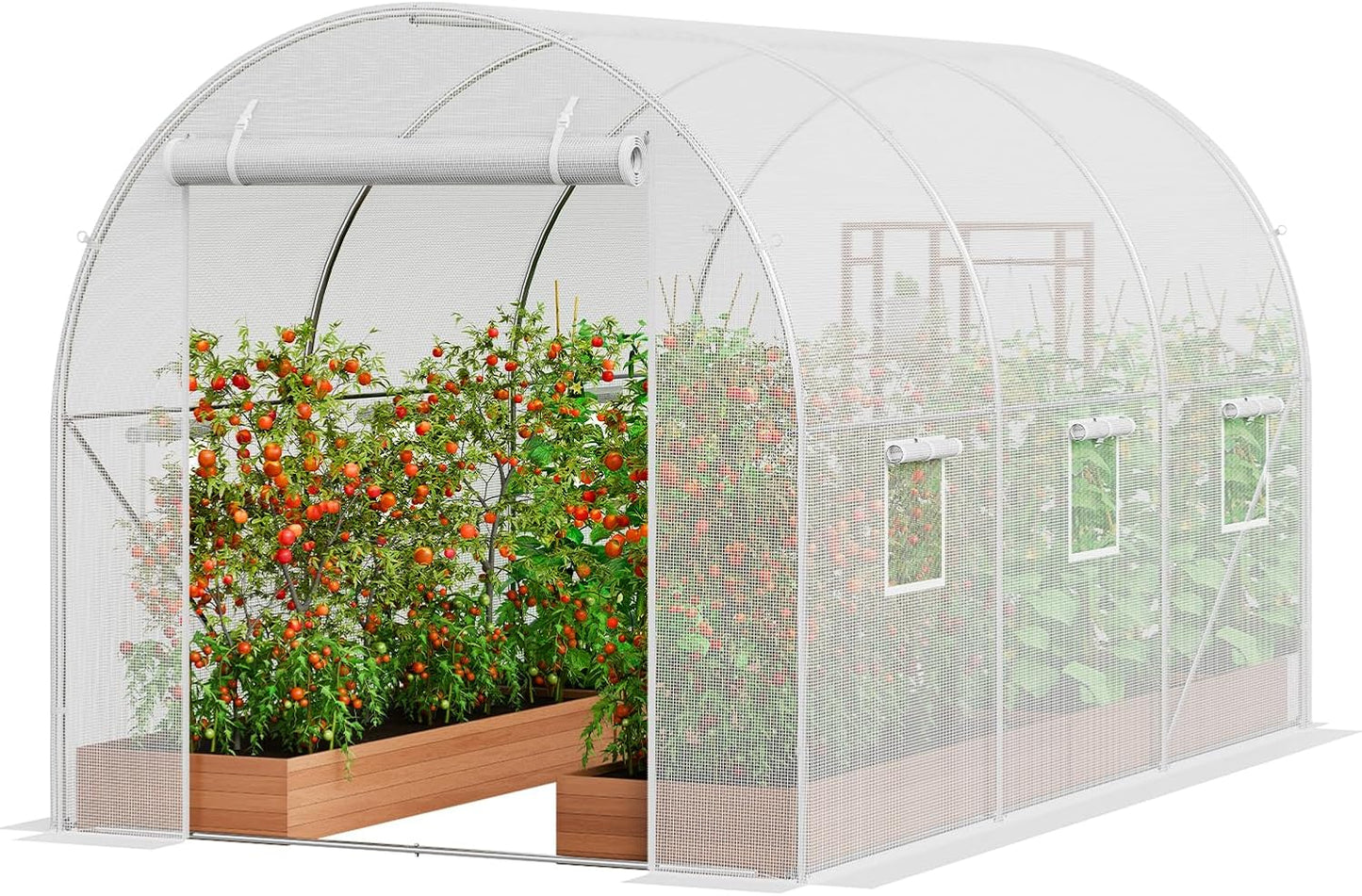 VEVOR Walk-in Tunnel Greenhouse, 9.6x6.4x6.2 ft Hoop House Greenhouse Tunnel, Plant Hot House with Galvanized Steel Frame, White PE Cover, Roll-up Zipper Door and 6 Windows for Outdoor