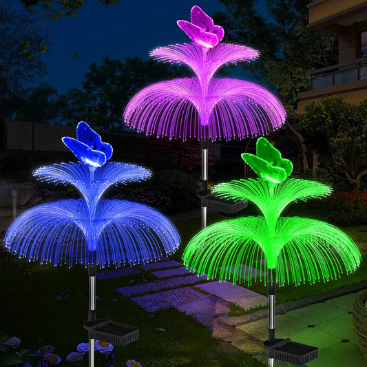 Solar Garden Lights Waterproof 3 Pack Solar Lights Outdoor Decorative 7 Color Changing Double Jellyfish and Butterfly Flower Garden Decor Yard Christmas Pool Outdoor, Gifts for Mother's Women
