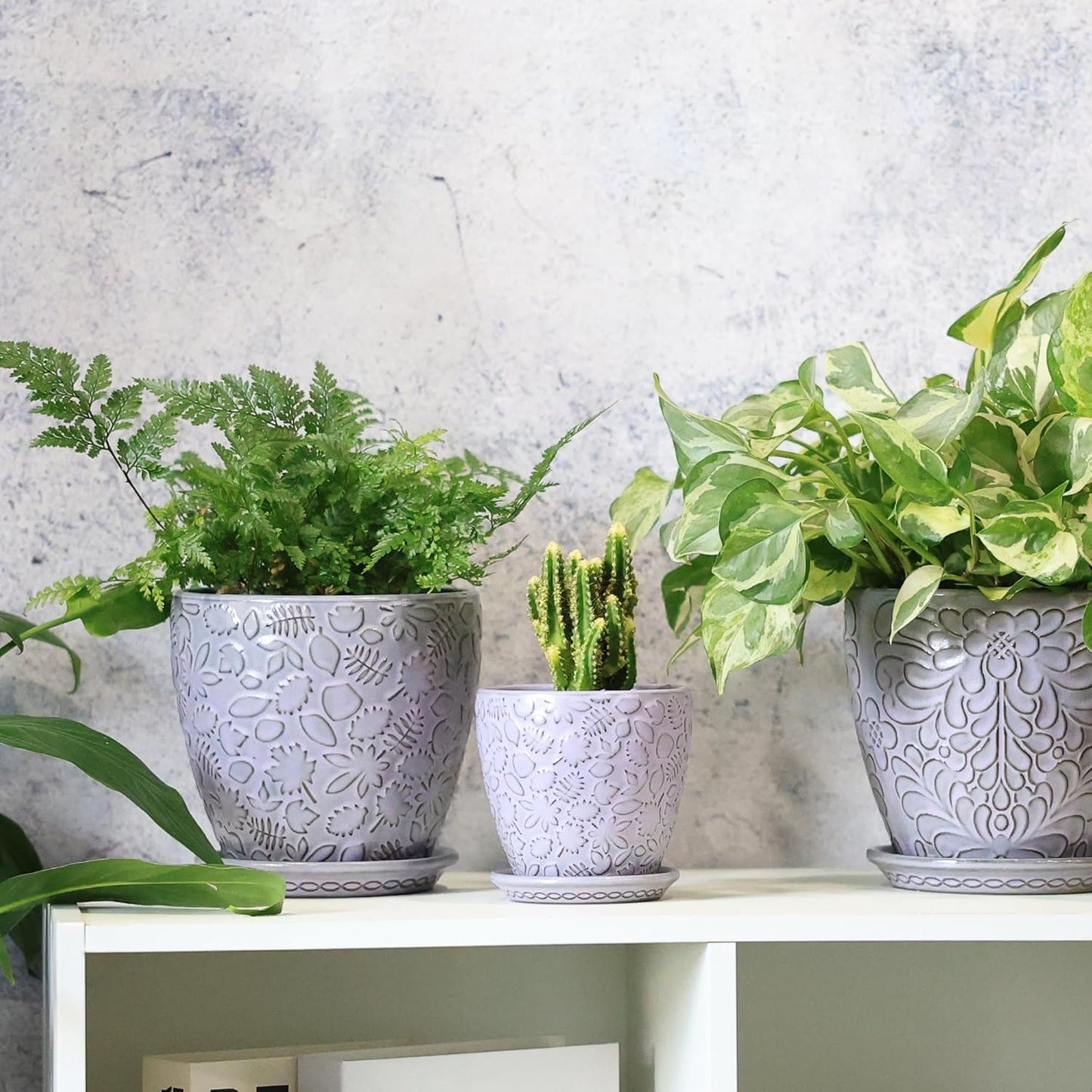 4 Inch Retro Ceramic Planter Set of 4 with Drainage Hole and Saucer for Plants, Indoor-Outdoor Small Garden Pots for Succulent, Herb and Flower (Fits Inner Pots Up to 3 Inch, Retro Purple)