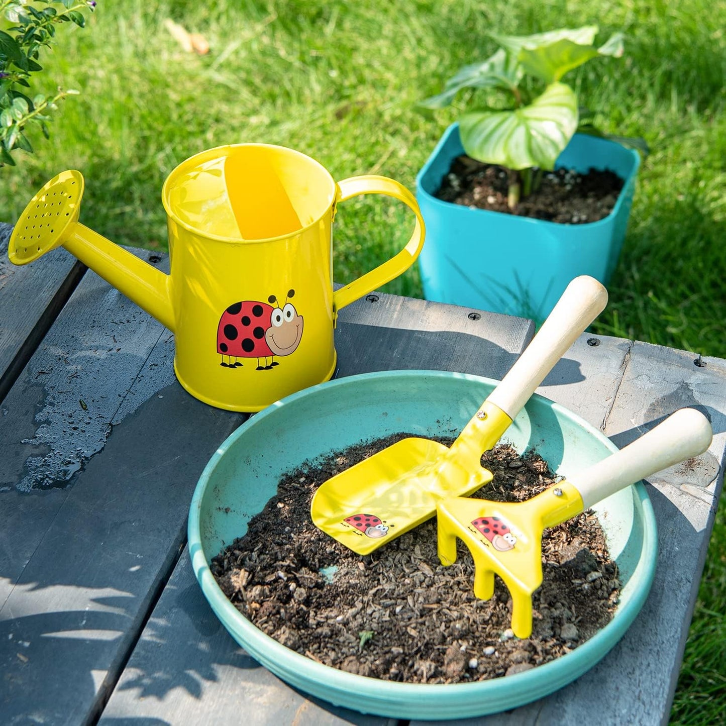 Sungmor Kids Gardening Tools Set Cute Little Gardener Kit | Package Includes 3PC Yellow Ladybird Watering Can & Trowel & Rake Gardening Hand Tools | Perfect for Garden,Yard or Beach