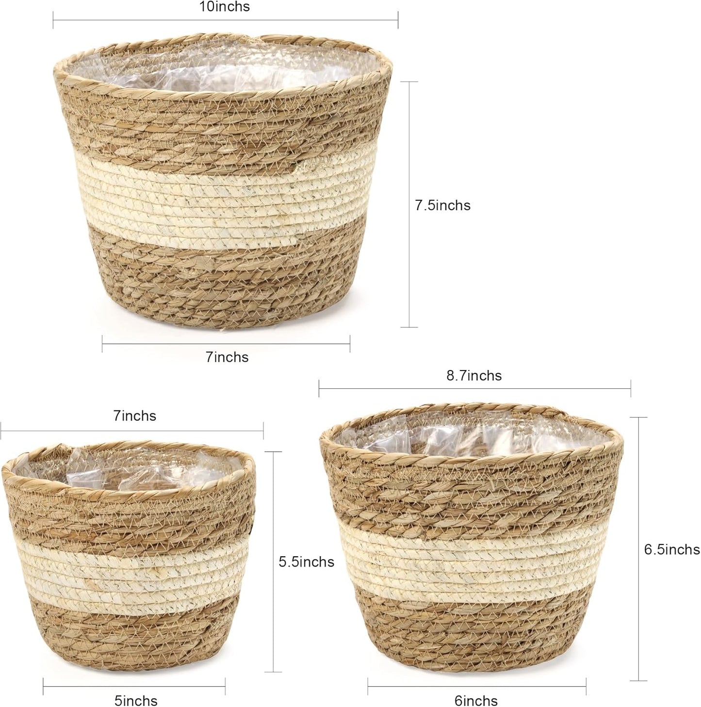 Athaliah Plant Basket, 3 PCS Plant Baskets Indoor with Plastic Liner, Water Hyacinth and Corn Stalk Woven Planters Flower Basket, Planter Basket for Rustic Home Floor Potted Pots Decor
