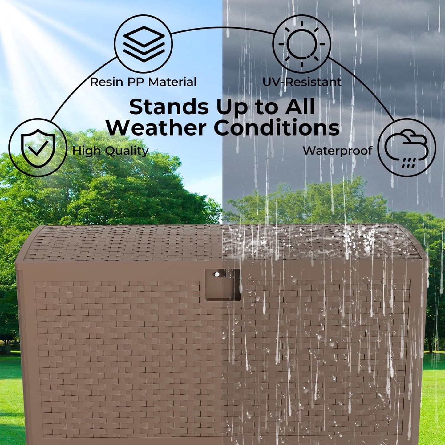 73Gallon Brown Resin Deck Box, Outdoor Storage Box Waterproof Lockable, Patio Deck Box For Package Delivery, Outside Storage Box Container for Furniture Cushions, Garden Tools, Pool Accessories