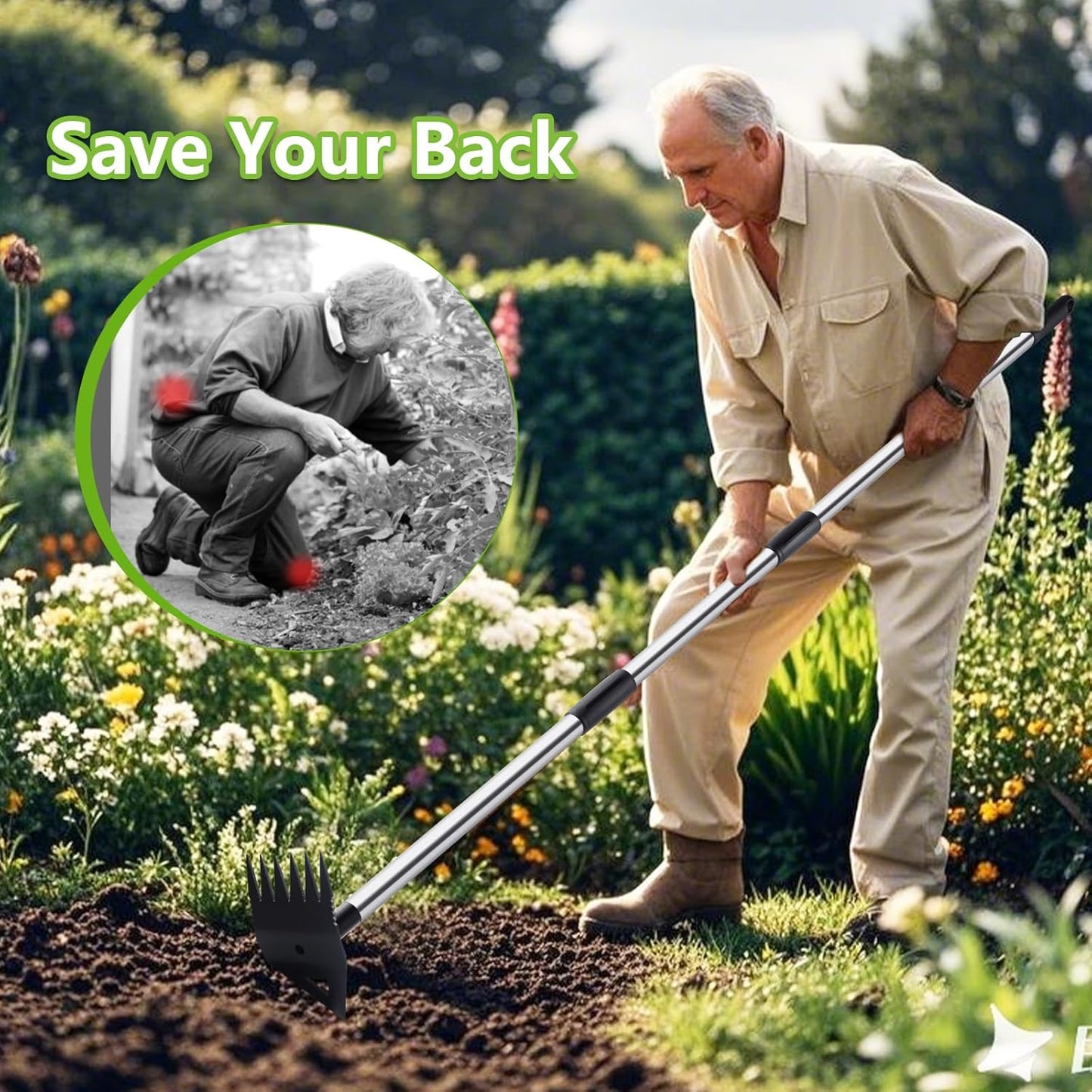 Weed Puller Tool with Long Handle, Hoe Garden Tool Weeding Rake Combo for Uprooting, Garden Hoe, Weed Remover Manual Weeder for Yard Flower Bed