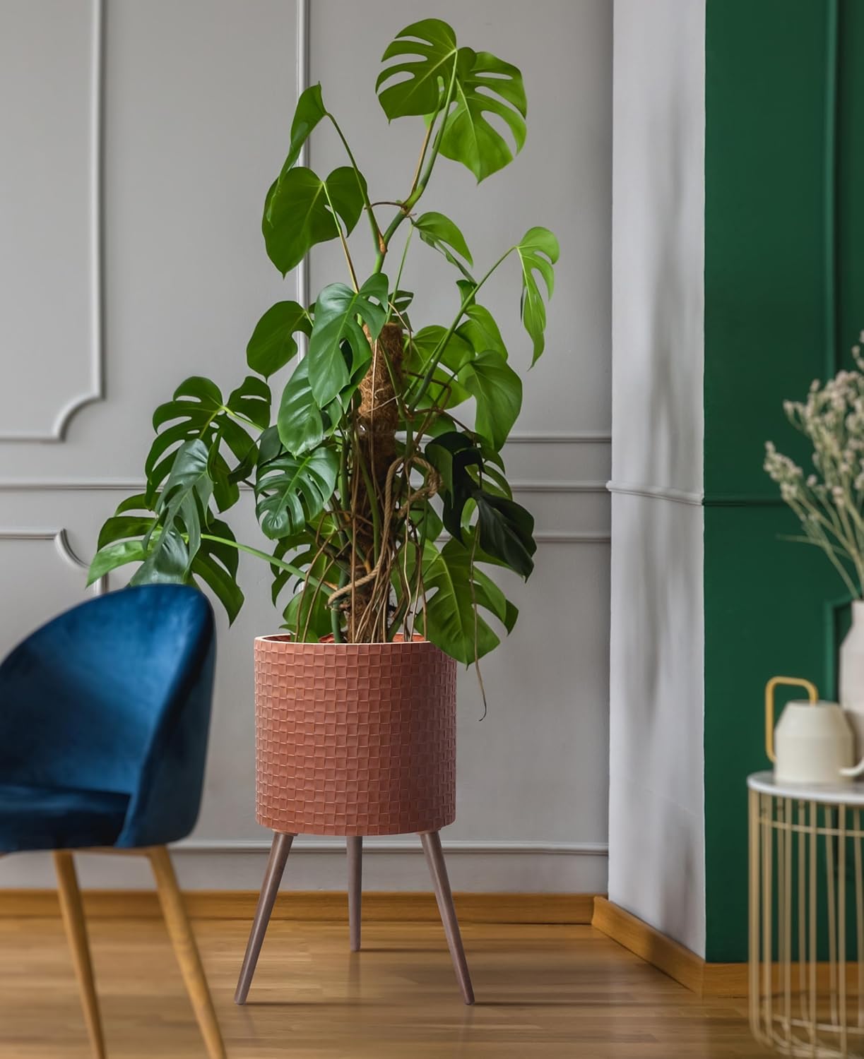 D'vine Dev 16 Inch Modern Geometric Tile Patterned Sleek Planter Pot with Stand, Indoor Outdoor Decorative Plant Holder, Terra Cotta, 88-Z-E-3