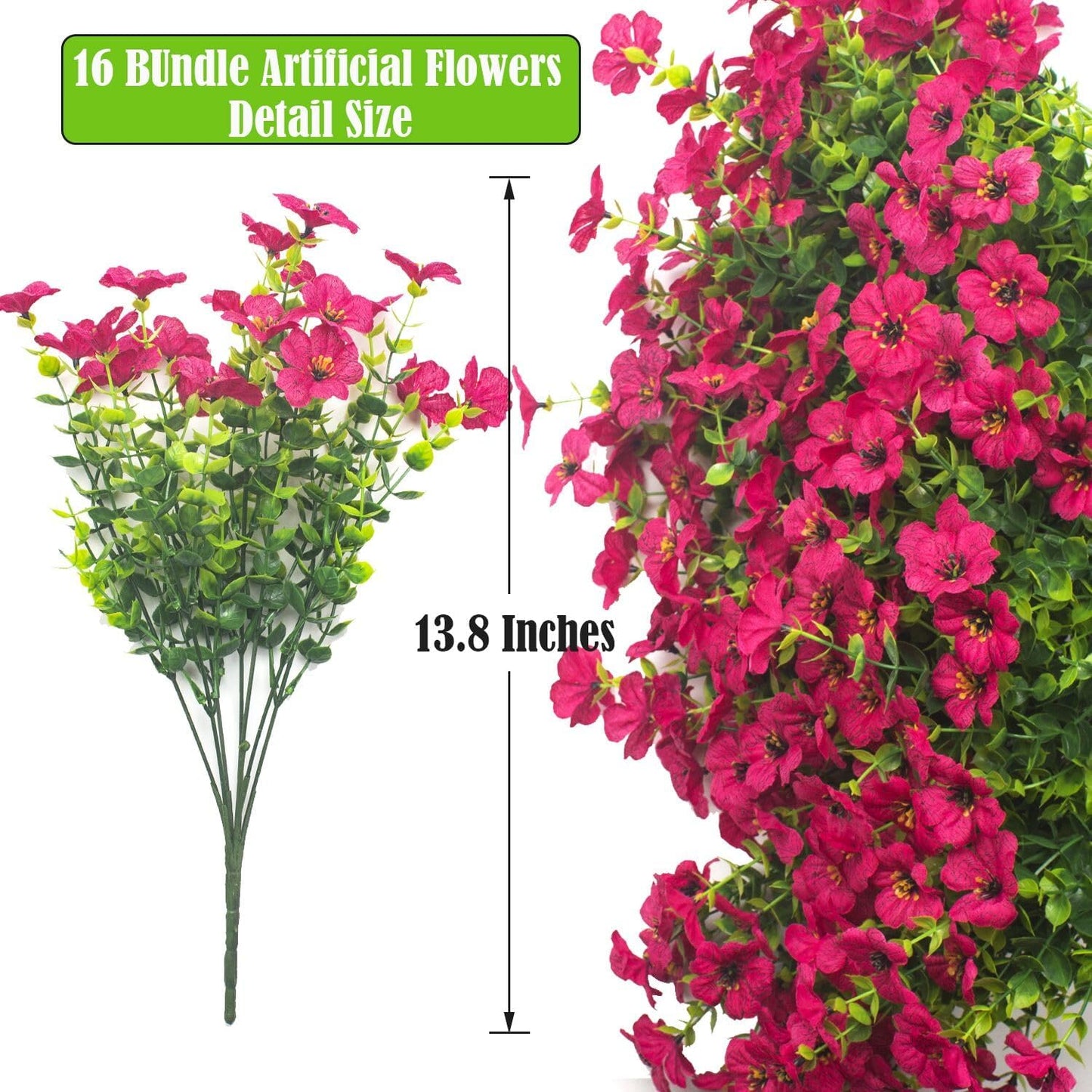 Artificial Fake Flowers for Outdoor Spring Decoration, 16 Bundles Faux Silk Colorful Daisy UV Resistant Realistic for Outside Porch Patio Home Yard Garden Planters Pots Window Box (Rose Red)