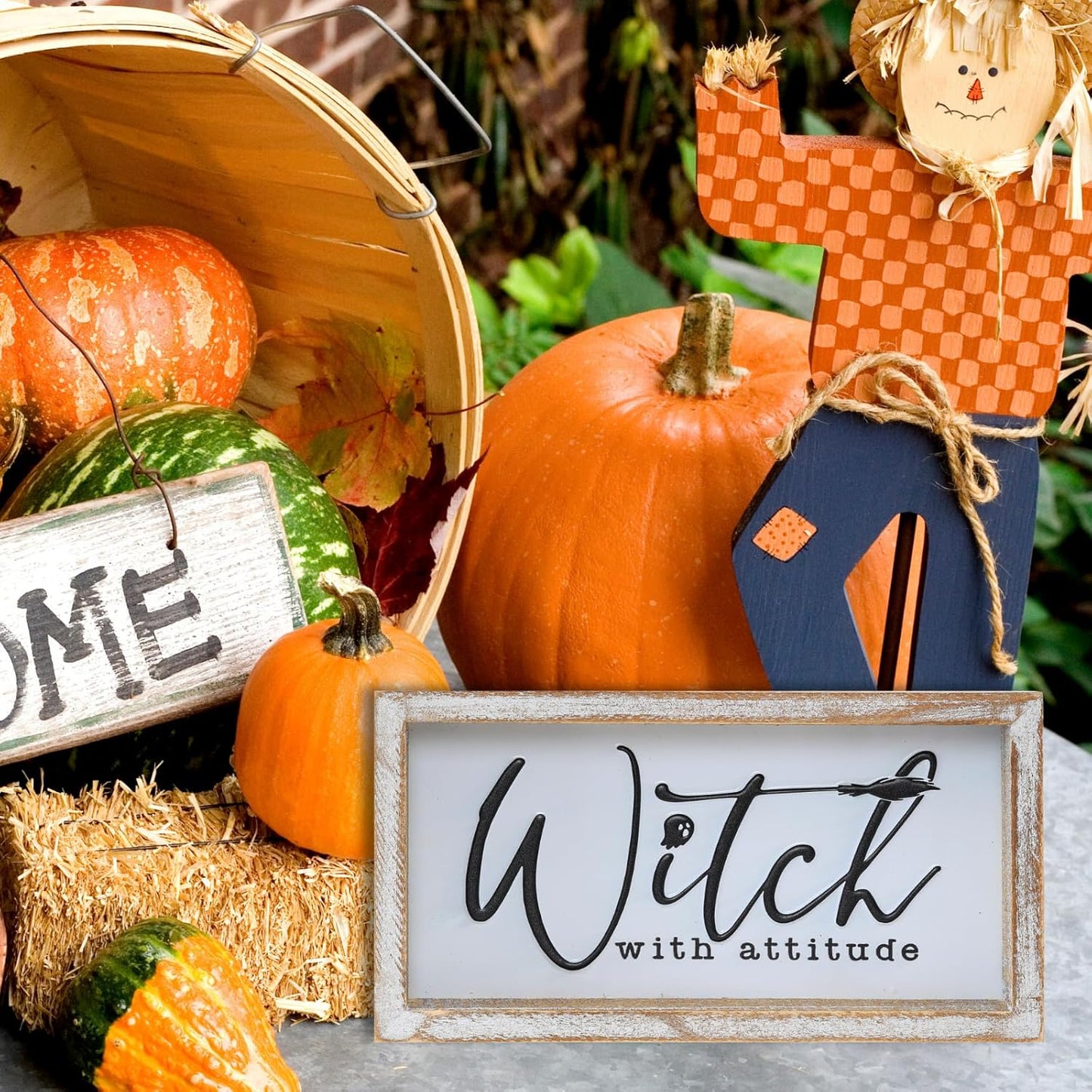 Embossed Witch Sign, Farmhouse Halloween Decorations Indoor, Vintage Halloween Tiered Tray Decor, Funny Spooky Halloween Centerpieces for Table Cubicle Desk Mantel Fireplace