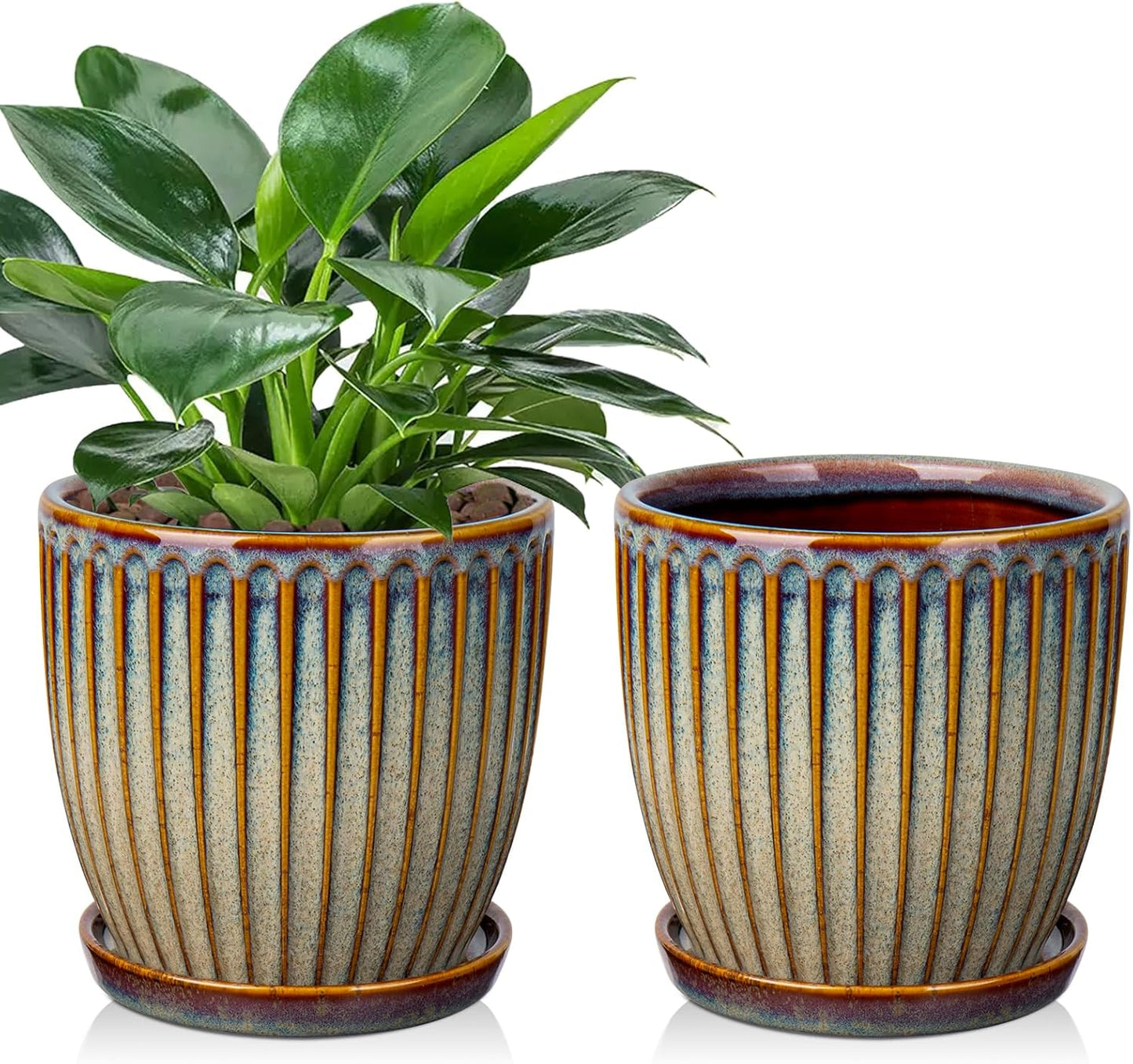 Oairse Ceramic Pots for Indoor Plants, 5.7 inch Pots for Plants Set of 2 Brown Planters with Drainage Holes and Saucers Texture Ceramic Planters Indoor Outdoor for Succulent