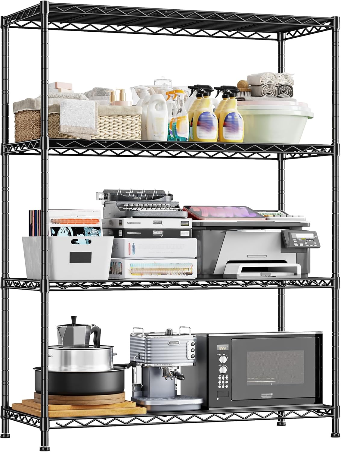 4- Shelf Metal Shelving Unit Adjustable Storage Shelves Heavy Duty Garage Shelving Steel Wire Shelving for Laundry Bathroom Kitchen Pantry Closet Garage Black, 35.6Wx16Dx54H