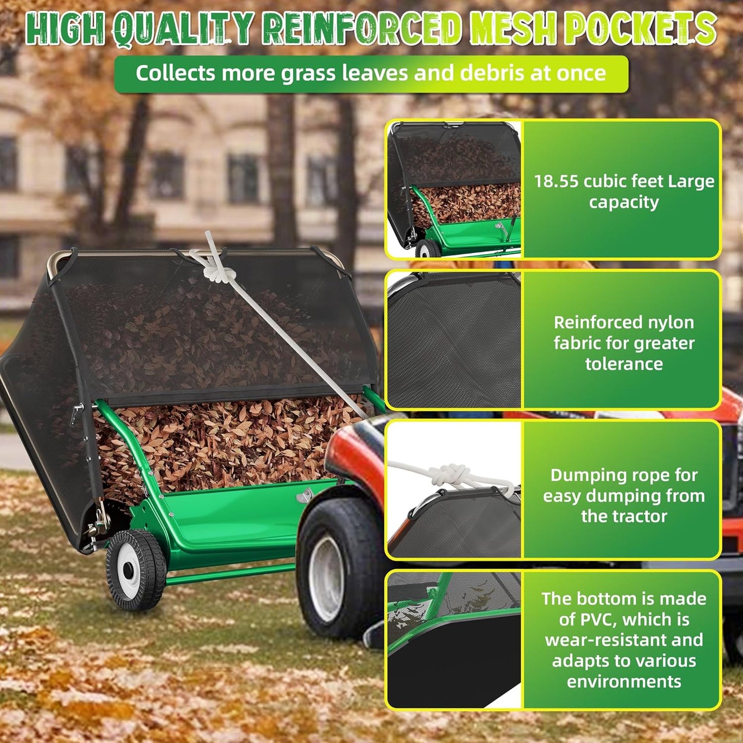 42" Lawn Sweeper Tow Behind, Grass Sweeper Tow Behind with 18.55 cu. ft Large Hopper, Heavy Duty Leaf & Grass Collector, Adjustable Brush Height Lever and Dumping Rope, Lawn and Yard Cleanup Tool