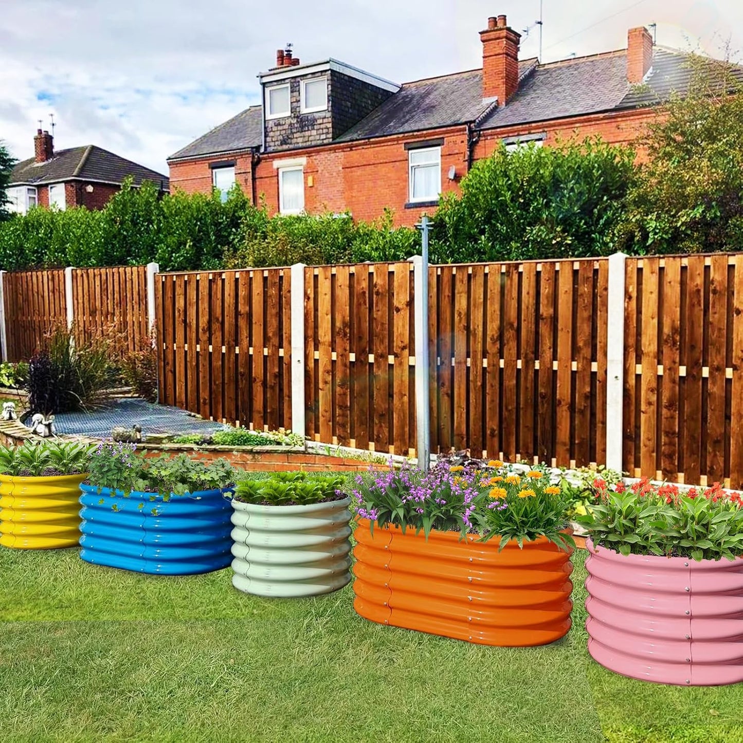 A ANLEOLIFE 5-Pack 18in Tall Kids Raised Garden Beds Outdoor, 40x24in Oval & 24x24in Round Galvanized Metal Planter Box for Planting Vegetables, Flowers, Fruits, Eco-Safe & Easy Setup