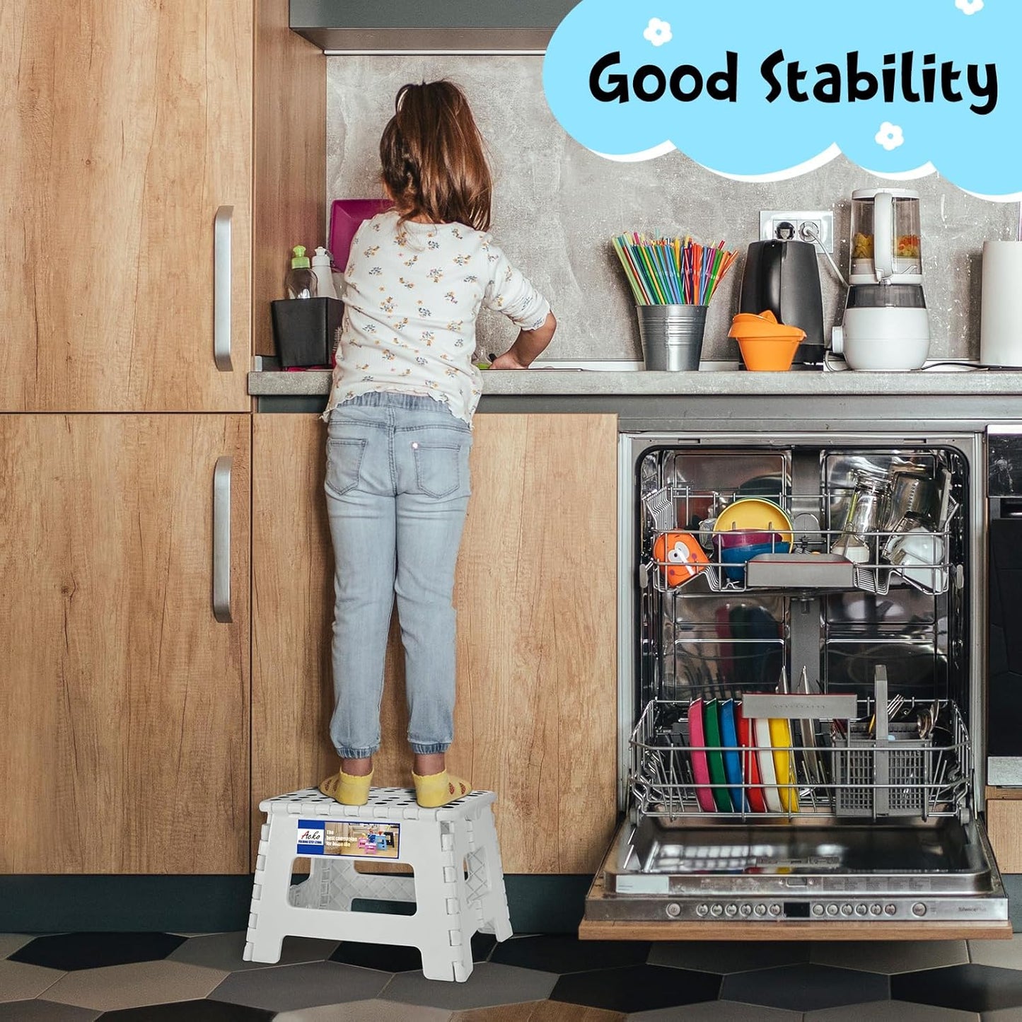 ACKO Folding Step Stool 9 Inch 300 lb Capacity, Plastic Foldable Step Stools for Kids and Adults, Folding Stools Suitable for Kitchen, Stepping Stool with Handle White 1PC