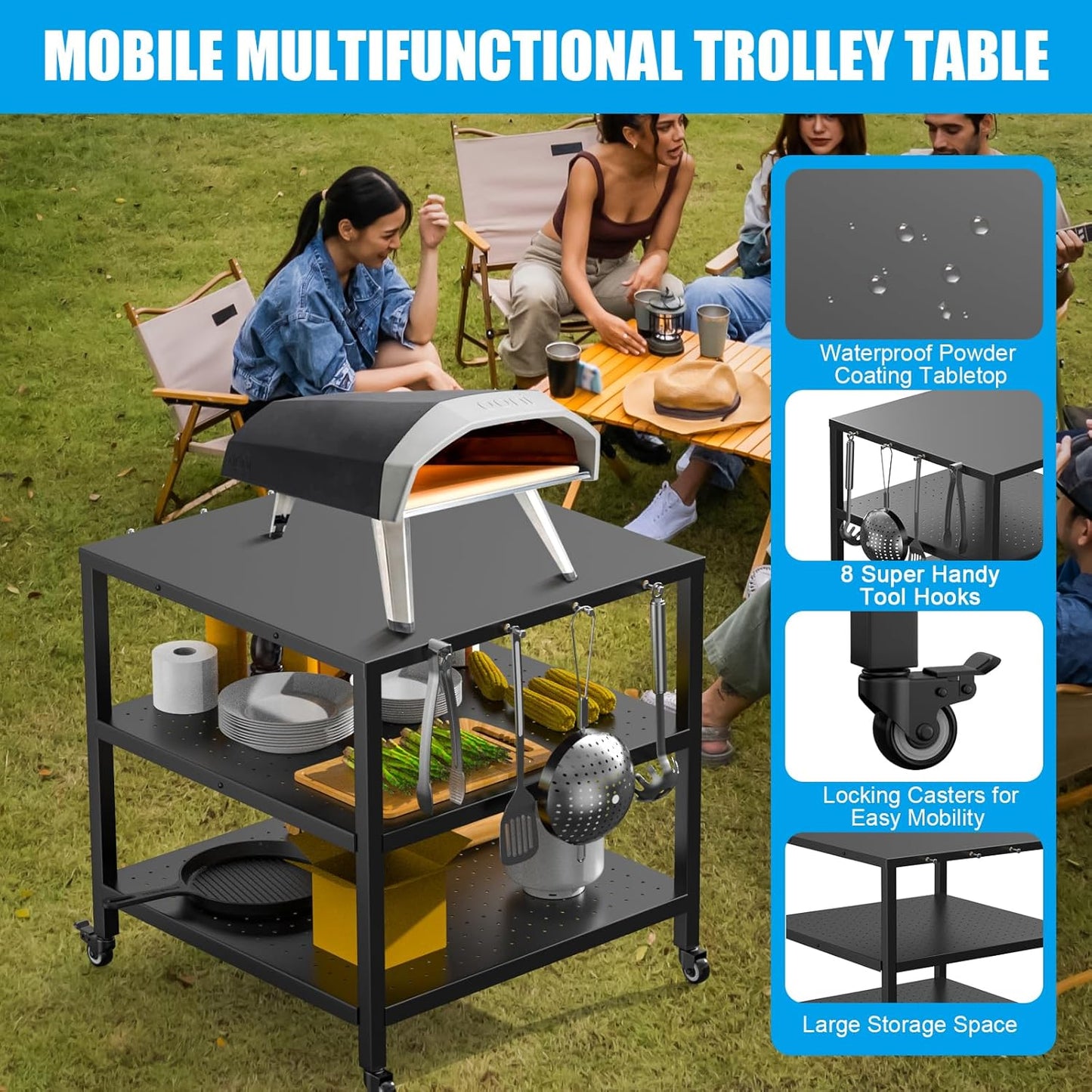 Outdoor Grill Cart Pizza Oven Stand Table with Wheels, Three-Shelf Movable Dining BBQ Food Prep and Work Cart Table, Kitchen Rolling Trolley Cart, Grill Tables for Outside with Waterproof Cover