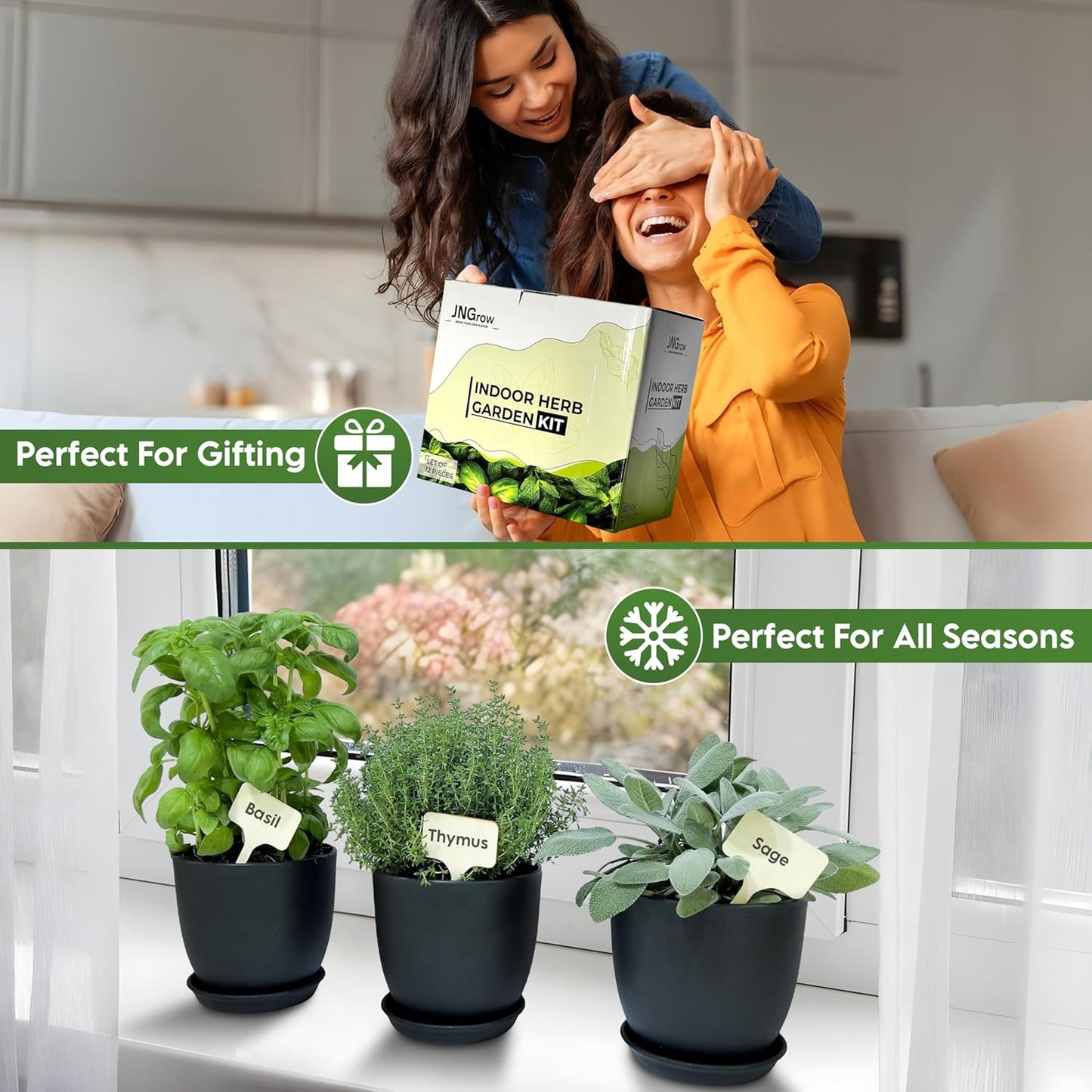 Indoor Garden Kit - Plant Pots with Drainage, Watering Can & Tools - Ideal Windowsill Planter Set - Modern Home & Kitchen Decor Gift - Black