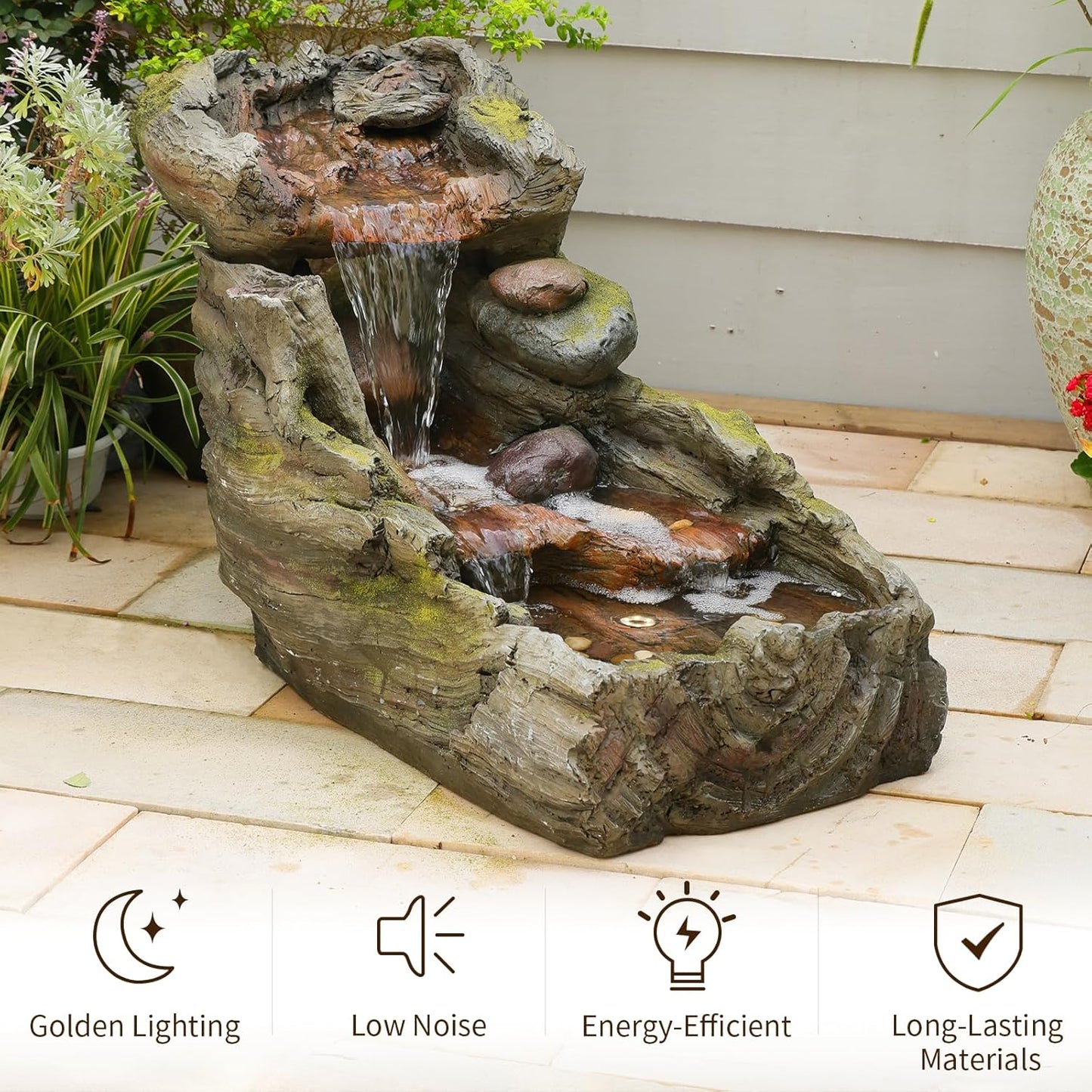 32.5" L Garden Outdoor Water Fountain, Floor Standing Cascading Realistic Tree Trunk Natural Waterfall Outdoor Fountains with LED Lights for Patio, Porch, Home Art Decor