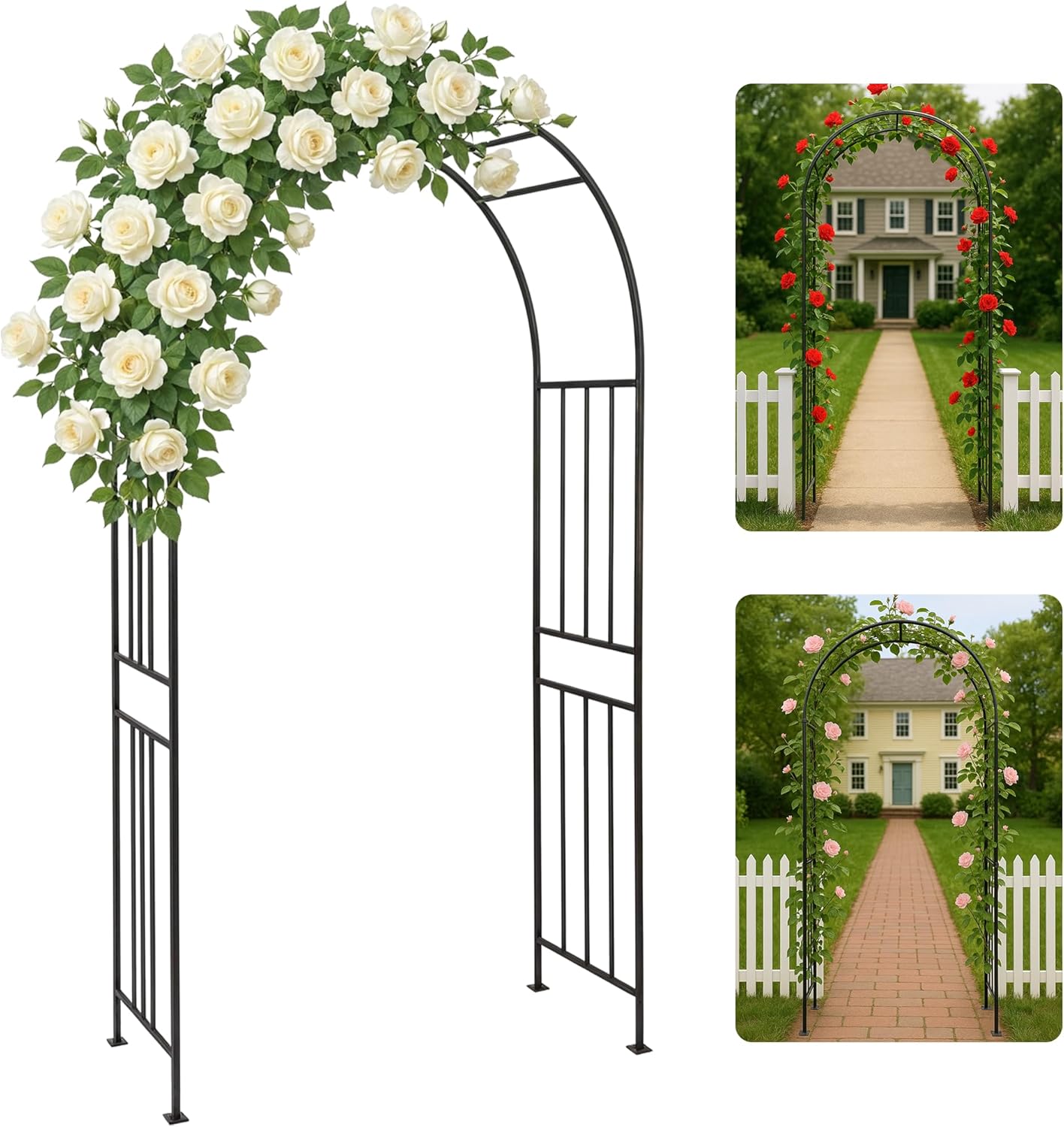 IDZO 86in Metal Garden Arbor Arch, Sturdy & Durable Trellis with Ground Stakes, 3 Installation Options, Ideal for Climbing Plants & Outdoor Decoration