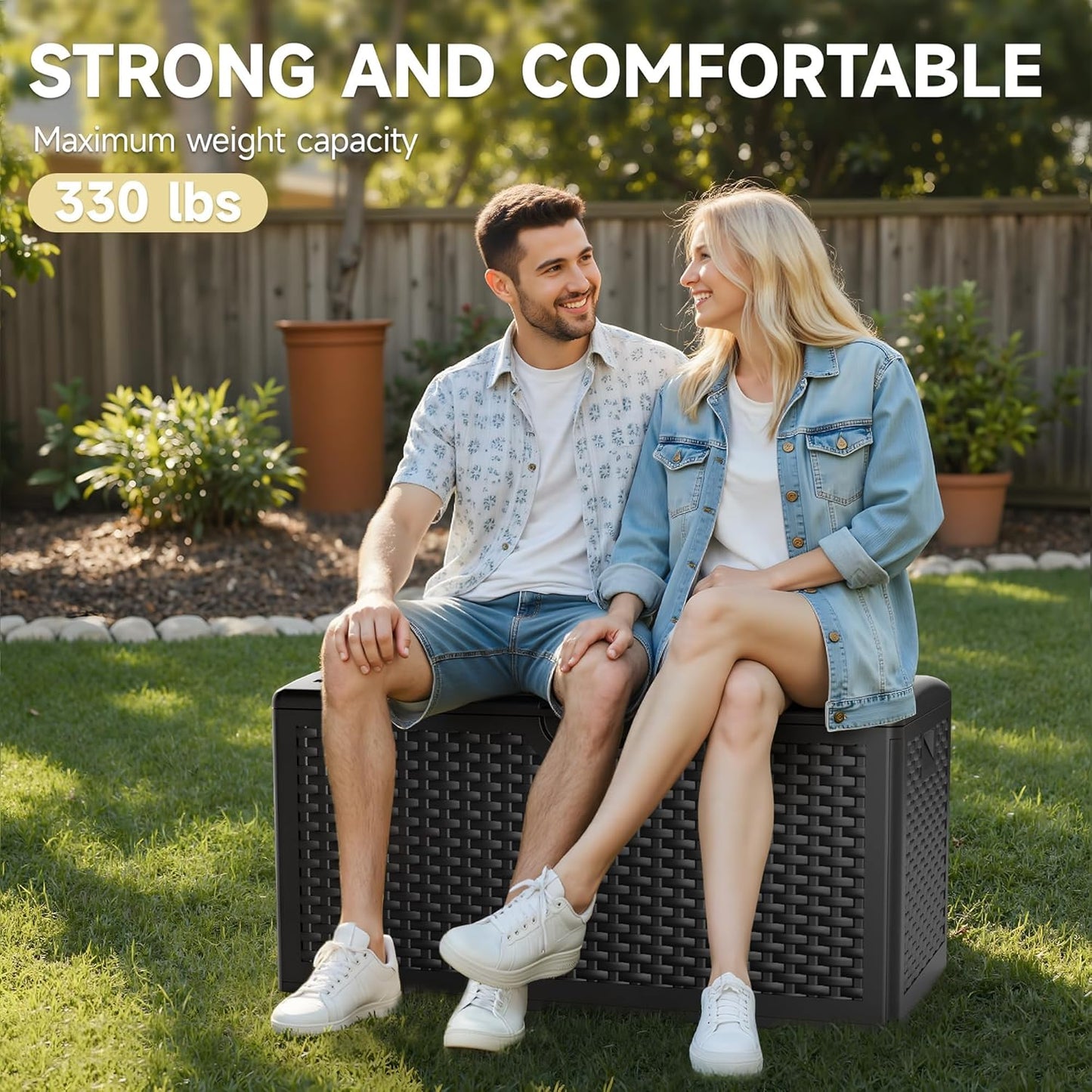 80 Gallon Deck Box, Double Layer Waterproof Resin Outdoor Indoor Storage Box, Lockable & UV Resistant Storage Bin for Patio Furniture, Garden Tools, Pool Accessories (Black)