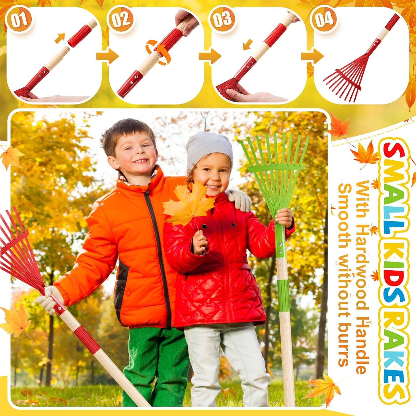 Suclain 4 Pcs Mini Rakes with Hardwood Handle Small Rake for Gardening Yard Tools Multicolor 28'' Mini Rake for Leaves Lightweight for Garden Leaf Tools