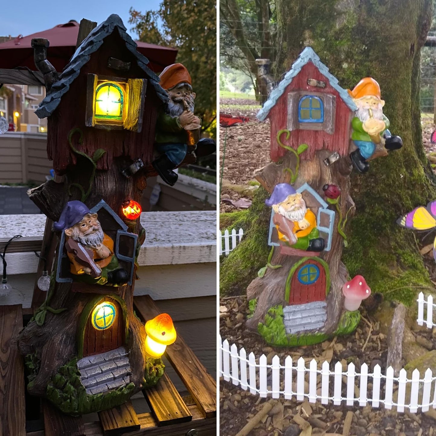 TERESA'S COLLECTIONS 11" Tall Large Garden Statues Gnome Treehouse with Solar Outdoor Light, Garden Sculptures Statues Figurines Resin Garden Decor Lawn Ornaments Patio Yard Decor Gifts for Mom