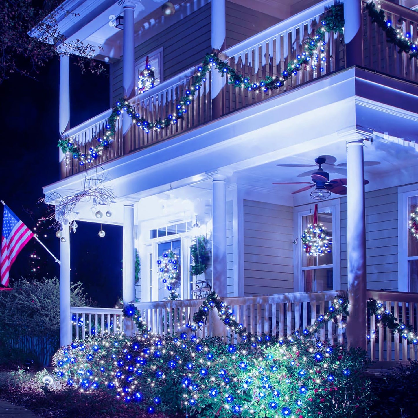 JMEXSUSS 2 Pack Blue and White Solar Christmas Lights, Each 33FT 100 LED Solar String Lights Outdoor Waterproof, 8 Modes Mini Fairy Lights for Outside Yard Patio Christmas Decorations