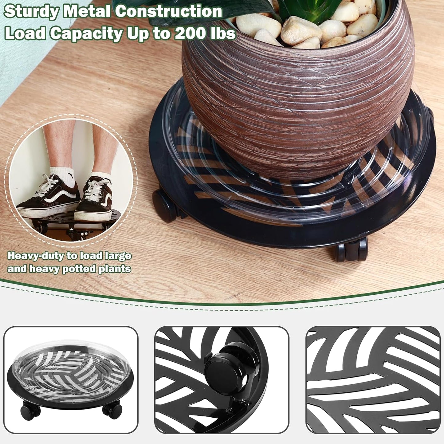 3 Packs 13 inches Large Metal Plant Caddy with PU Wheels Heav-duty Rolling Plant Stands Indoor Outdoor Wheeled Plant Dolly Coasters Flower Pot Mover Rollers Plant Trolley Cart, Plant Saucers Included