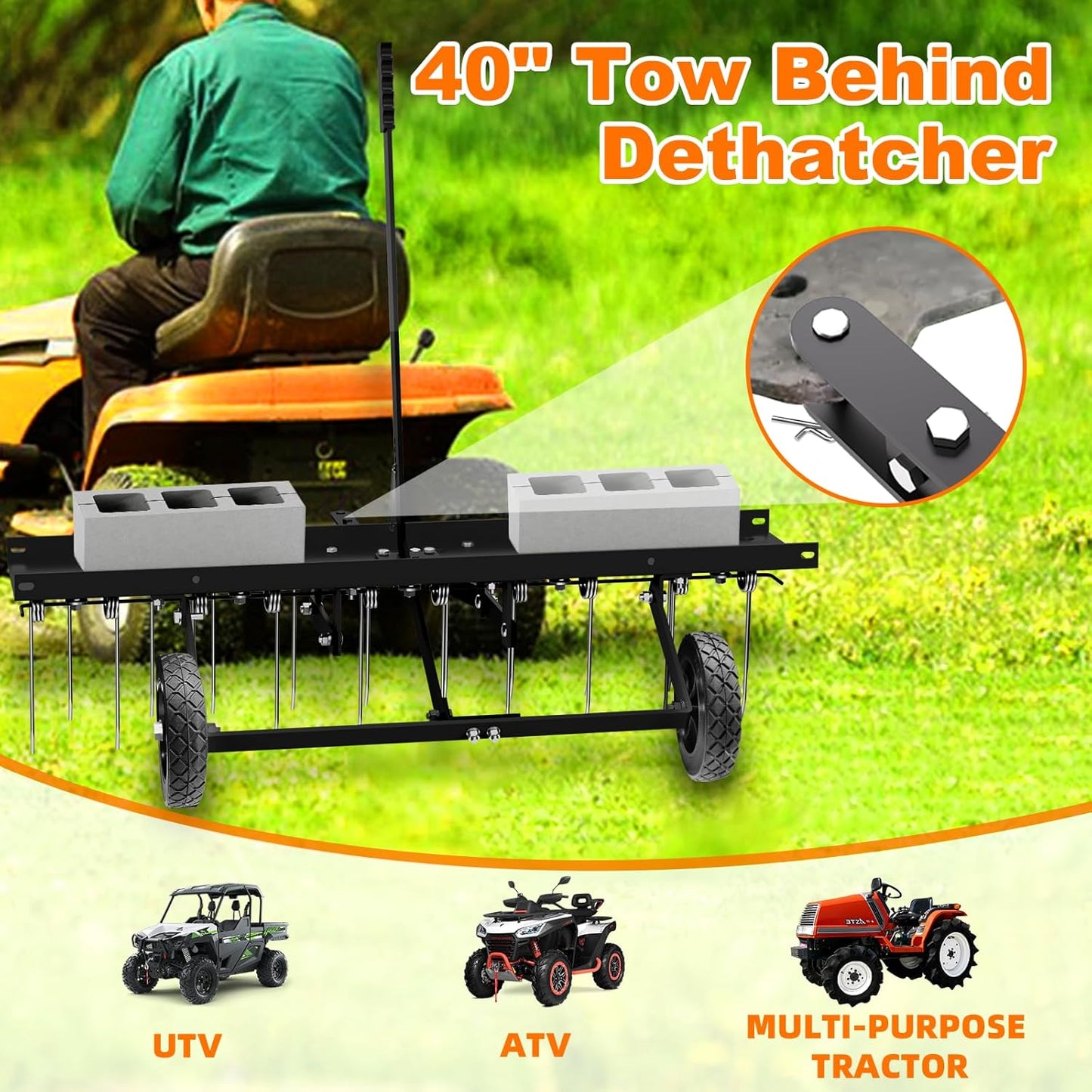40" Tow Behind Lawn Dethatcher, Pull Behind Rake with 24 Rust-Proof Tines and Heavy Tires, Lawn Tractor Rake with Lift Handle, Black Tow Behind Rakes to Remove Thatch, Leaves from Large Lawn Area
