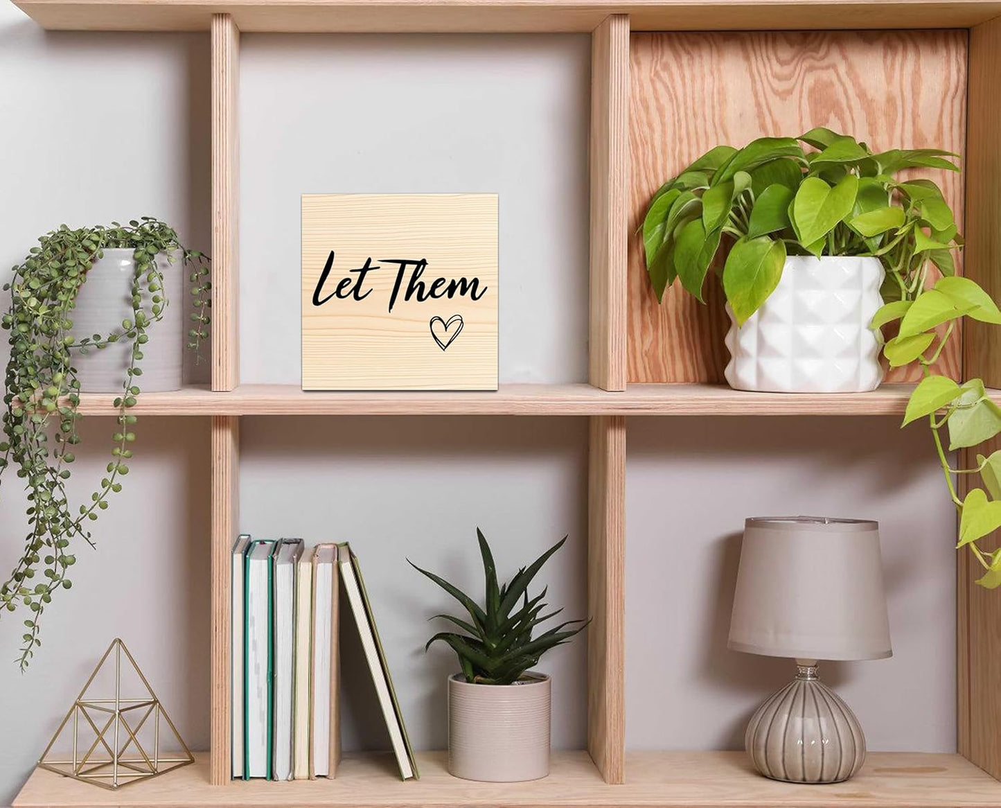 Let Them Wooden Sign, Mental Health Quote Farmhouse Wood Box Sign 5 x 5", Let Them Office Desk Accessories for Cubicle Decor, Office Gifts for Coworkers Women, Office Decorations for Work (Wood Color)