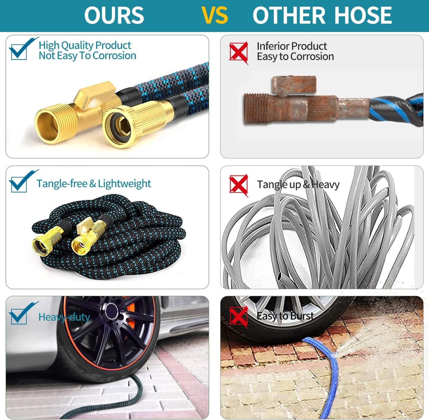 50 ft Expandable Garden Hose with 10 Function Nozzle Sprayer, Lightweight Flexible Water Hose with Durable Collapsible Latex Core & Solid Brass Fittings, 50ft Retractable Stretch Hose(Black Blue)