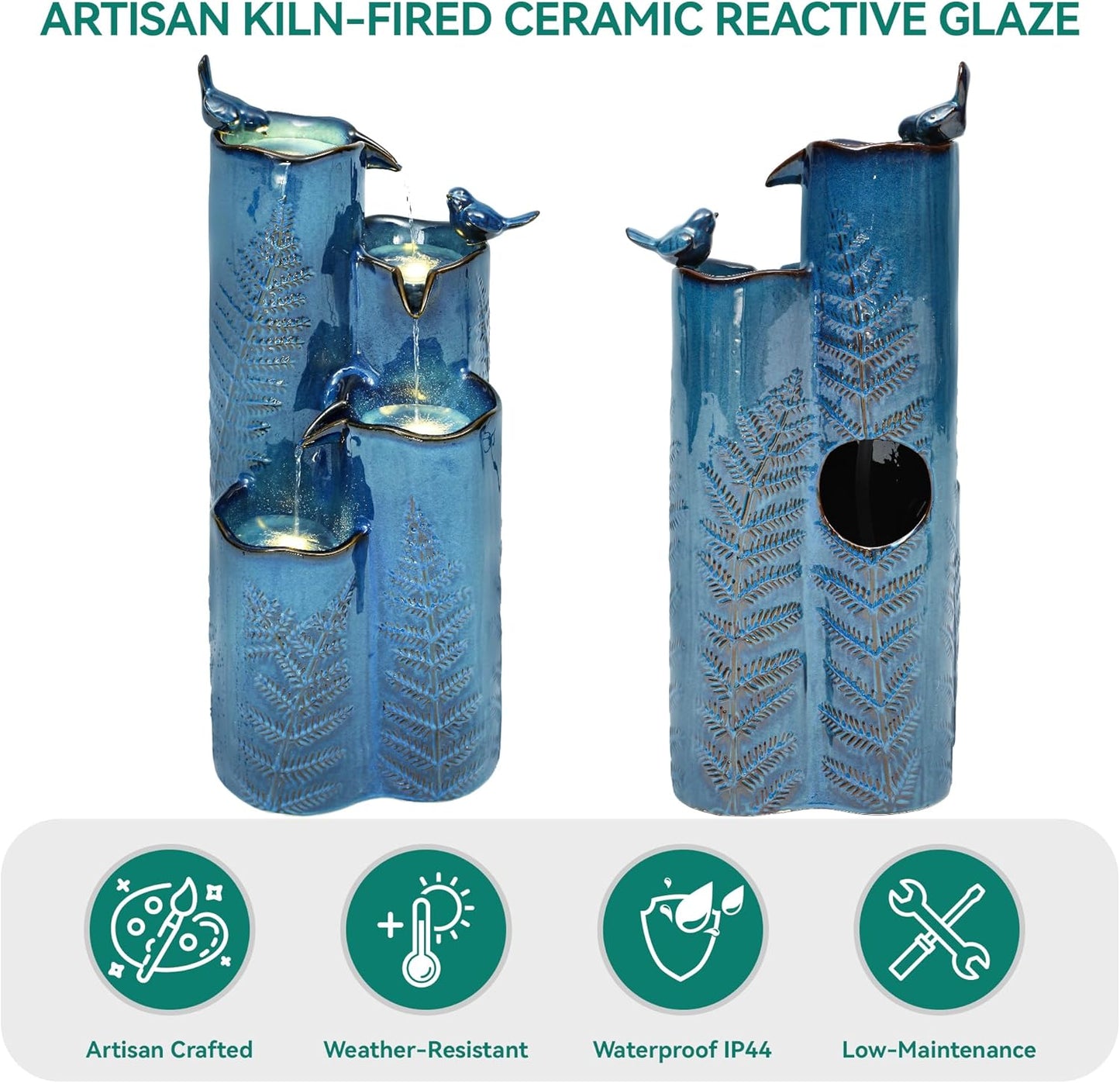 32" Tall Outdoor Fountain, Ceramic Vase Water Fountain withs Lights, 4-Tier Waterfalls with Birds, Tranquil Oasis for Garden Patio Yard Deck Balcony Decor, Tropical Fern, Turquoise Glaze